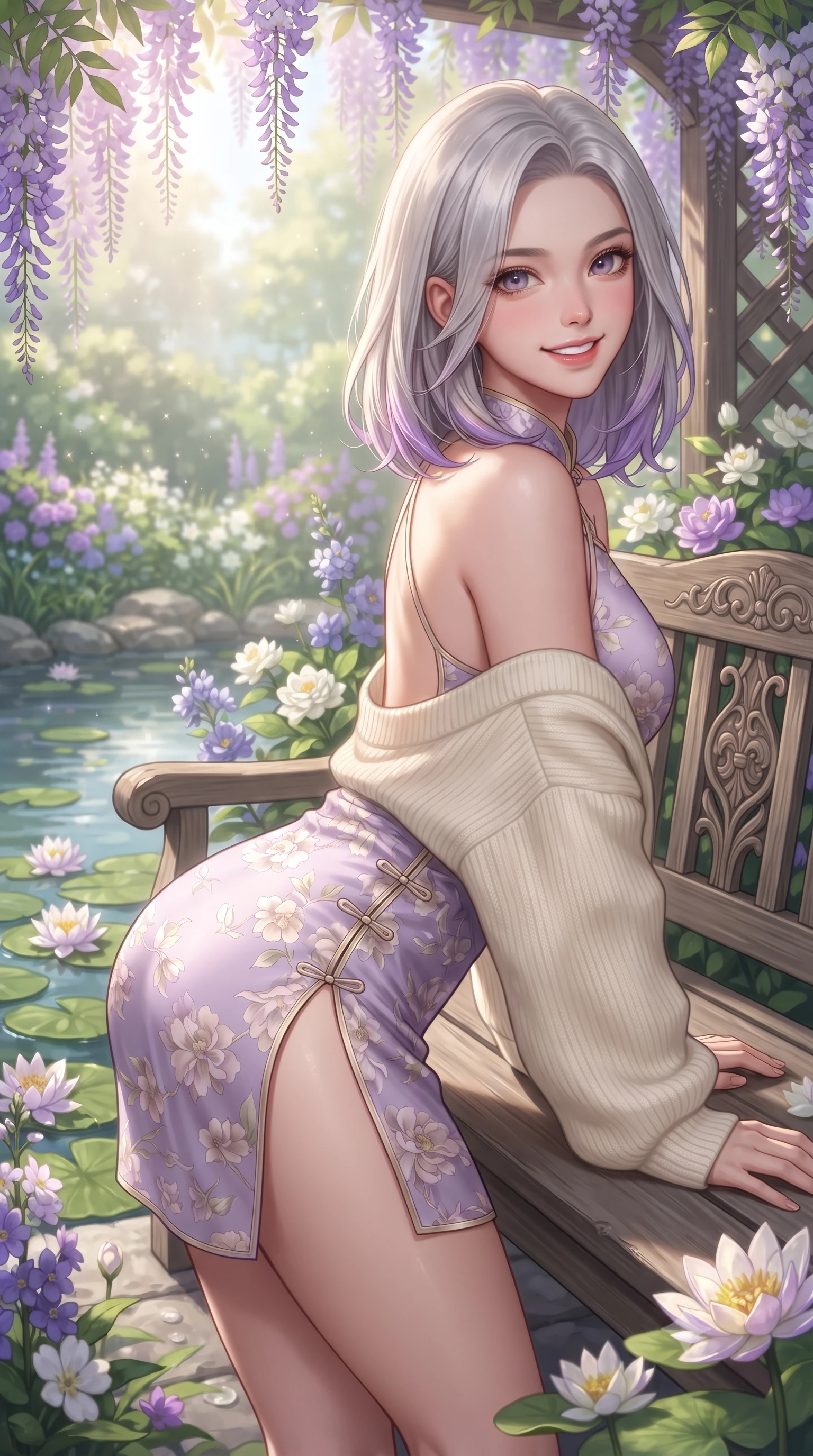 score_9, masterpiece, best quality, ultra-detailed, high-budget anime keyframe, editorial fashion photography, tasteful artistic composition, Caucasian woman. close-up cowboy shot from the waist and thighs up, the character dominates the composition, filling the frame with her large presence. leaning forward with playful cute grace while arching her lower back to accentuate her curvy hips, looking into the camera with a bright cheerful smile and alluring coquettish bedroom-eyes while reclining on a wooden garden bench beside the pond, her long slender legs and curvy hips framed by blooming purple and white flowers. The surrounding environment is rendered in vivid detail and crisp panoramic clarity. sharp carved wooden bridge plank textures, water lily pad caustics, and wisteria petal details in deep focus. She has an exceptionally elegant, slender, and willowy female figure with an ultra-slim waist, flat toned midriff, narrow ribcage, and sculpted feminine hips creating an alluring, slim hourglass silhouette without bulk. sharp v-shaped jawline, high-bridge nose, intricate jewel-like sparkling eyes with depth, thick eyelashes, glossy parted lips with a natural peach sheen, bright cheerful beaming smile with an enchanting and coquettish sensual glint, exuding both youthful cute charm and seductive allure, flawlessly proportioned anatomical accuracy, strict slender model proportions, natural body alignment, perfectly sculpted long slender limbs, ultra-slim waistline, clean dynamic posture without body distortion. wearing a modern cute qipao mini dress with double side slits ascending to the hip in pastel floral silk in soft lilac and champagne shimmer, tailored from fine lightweight chiffon that flutters gently in the breeze, complemented by an oversized soft knit cardigan slipping off one bare shoulder, the precision-cut side openings and low-back scoop framing her graceful spine and the sensual sweep of her slim, toned hips. bathed in soft, radiant morning French sunshine filtering through wisteria blossoms. ultra-reflective glossy finish, specular highlights, rich textural contrasts, high-contrast stereoscopic depth, volumetric dynamic lighting, 2k, ultra detail, master piece, 9:16 ratio