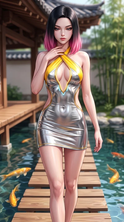 score_9, masterpiece, best quality, ultra-detailed, high-budget anime keyframe, semi-realistic 3D game render, editorial fashion photography, tasteful artistic composition, Korean woman. close-up cowboy shot from the waist and thighs up, the characte