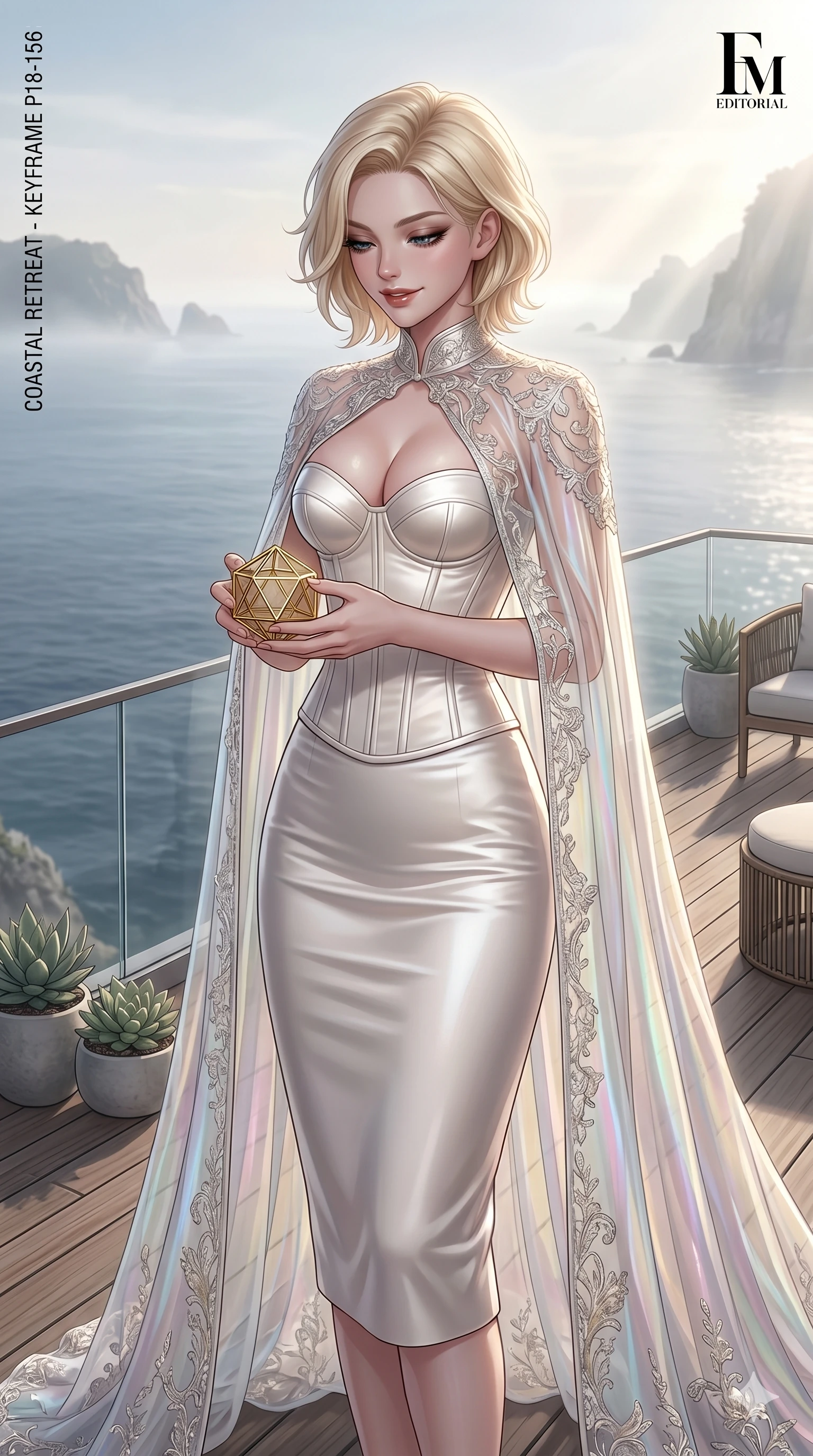 score_9, masterpiece, best quality, ultra-detailed, high-budget anime keyframe, editorial fashion photography, tasteful artistic composition, Caucasian woman, strictly human ears. cowboy shot from the thighs up, character and outfit filling the frame for maximum editorial presence. holding a small golden polyhedron, looking down with a serene and powerful smile on a private sun-deck of a cliffside retreat overlooking the deep sea (Code-P18-156). She has an absolutely perfect 8-heads proportion, an exceptionally tall and slender female figure with impossibly long slender legs and an ultra-slim waist. V-shaped jawline, high-bridge nose, intricate jewel-like eyes with depth, thick eyelashes, glossy lips with a natural sheen. wearing a structured satin corset showing her cleavage and a sheer cape. soft morning sunbeams filtering through the mist, creating a soft glowing aura. 2k, ultra detail, master piece, 9:16 ratio
