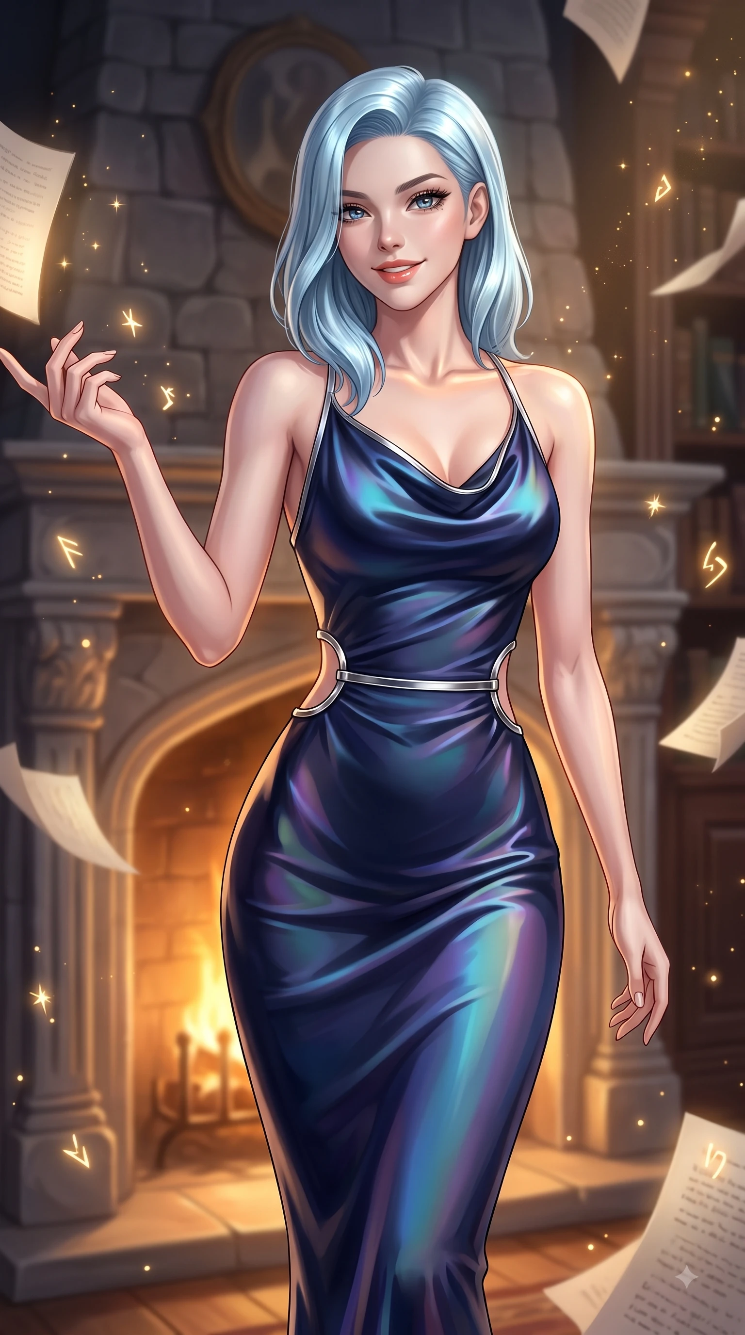 score_9, masterpiece, best quality, ultra-detailed, high-budget anime keyframe, editorial fashion photography, tasteful artistic composition, Korean woman. close-up cowboy shot from the waist and thighs up, the character dominates the composition, filling the frame with her large presence, background elements kept in soft focus. Extending one arm in an elegant stretch toward the light while smiling with magnetic self-assurance while resting near a grand stone fireplace as warm amber hearth light traces her graceful clavicle, floating paper pages and glowing spell runes scattering golden starlight dust motes. She has an exceptionally elegant, slender, and willowy female figure with an ultra-slim waist, a gracefully sculpted slender torso, and a refined silhouette. sharp v-shaped jawline, high-bridge nose, intricate jewel-like eyes with depth, thick eyelashes, glossy lips with a natural sheen, flawlessly proportioned anatomical accuracy, natural body alignment, perfectly sculpted elegant limbs, clean dynamic posture without body distortion. wearing an elegant cowl-neck satin midi dress with a graceful draped neckline in midnight navy blue and chrome trim, crafted from iridescent chiffon that shifts colors in the light, accented with delicate chrome ring hardware framing her waist, the glove-like fit emphasizing her statuesque silhouette during motion. illuminated by a dramatic key light casting elegant chiaroscuro shadows. ultra-reflective glossy finish, specular highlights, metallic sheen, high-contrast stereoscopic depth, volumetric dynamic lighting, 2k, ultra detail, master piece, 9:16 ratio