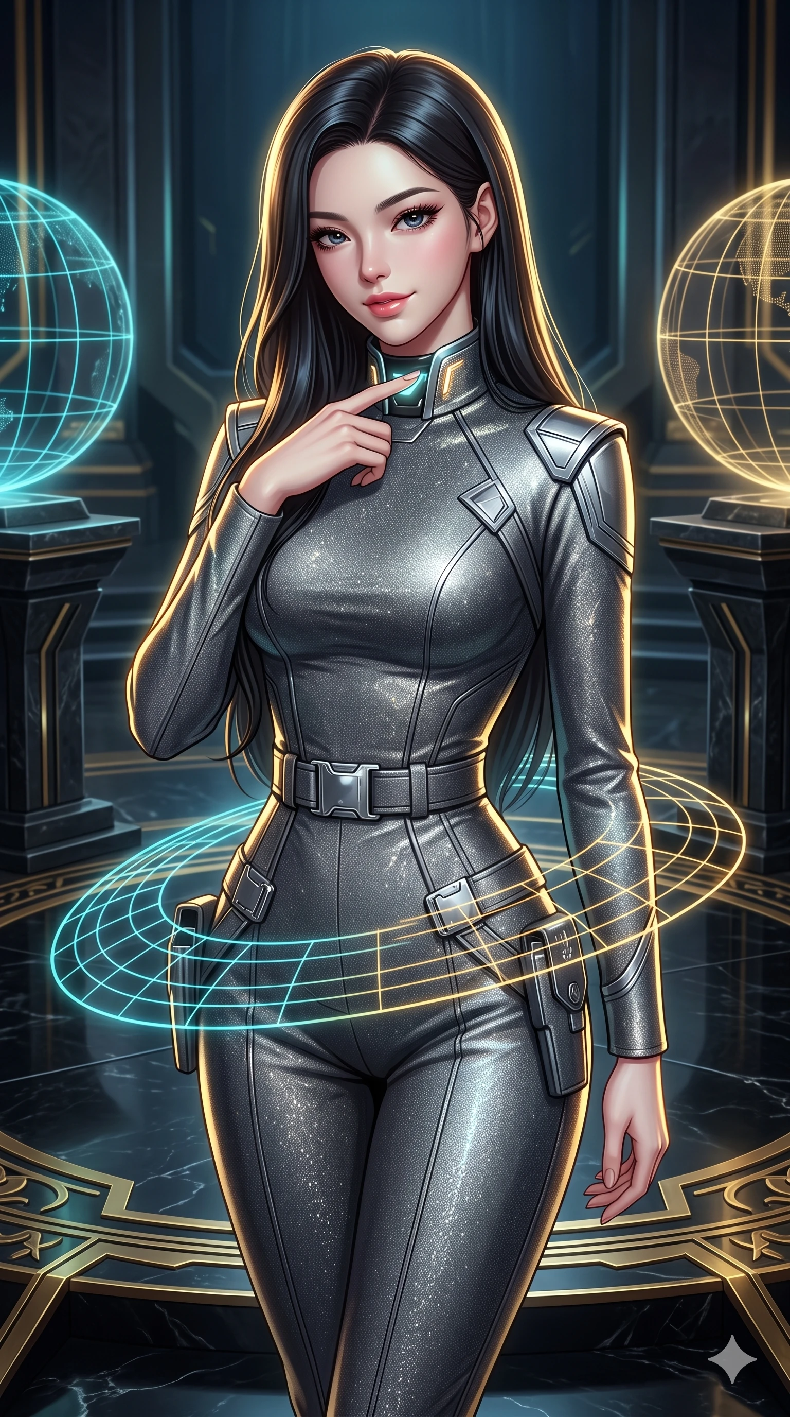 score_9, masterpiece, best quality, ultra-detailed, high-budget anime keyframe, semi-realistic 3D game render, editorial fashion photography, tasteful artistic composition, Korean woman. close-up cowboy shot from the waist and thighs up, the character dominates the composition, filling the frame with her large presence. tilting her head with a teasing half-smile, running one finger slowly along her glowing comm-link collar in a flirtatious gesture while twisting her slender torso in an alluring contrapposto stance, glowing holographic planetary grid lines tracing her narrow waist and curvy hips in cool cyan and gold. The surrounding environment is rendered in vivid detail and crisp panoramic clarity: sharp hand-carved black granite council podium bevels, crisp holographic latitude and longitude planetary grid lines, and polished brass dais inlays in deep focus. She has an exceptionally elegant, slender, and willowy female figure with an ultra-slim waist, flat toned midriff, narrow ribcage, and sculpted feminine hips creating an alluring, slim hourglass silhouette without bulk. sharp v-shaped jawline, high-bridge nose, intricate jewel-like sparkling eyes with depth, thick eyelashes, glossy parted lips with a natural sheen, bright confident smile with an enchanting and coquettish sensual glint, exuding both youthful magnetic charm and sovereign high-tech allure, flawlessly proportioned anatomical accuracy, strict slender model proportions, natural body alignment, perfectly sculpted long slender limbs, ultra-slim waistline, clean dynamic posture without body distortion. wearing a bespoke orbital diplomatic uniform with structured geometric epaulets and a tailored waistline in metallic graphite and starlight platinum, woven from high-density tech-wool with subtle metallic thread weave, finished with polished chrome buckle hardware and modular magnetic holster clasps, the bespoke structured tailoring following the natural line of her 8.5-heads silhouette with refined elegance. illuminated by polished black stone dais bounce and sharp gold-cyan rim lights sculpting her razor-sharp jawline, narrow waist, and curvy hips. highly saturated vibrant anime colors, detailed shading with soft gradients, rich glossy textures, high-contrast stereoscopic depth, volumetric dynamic lighting, master piece, 9:16 ratio