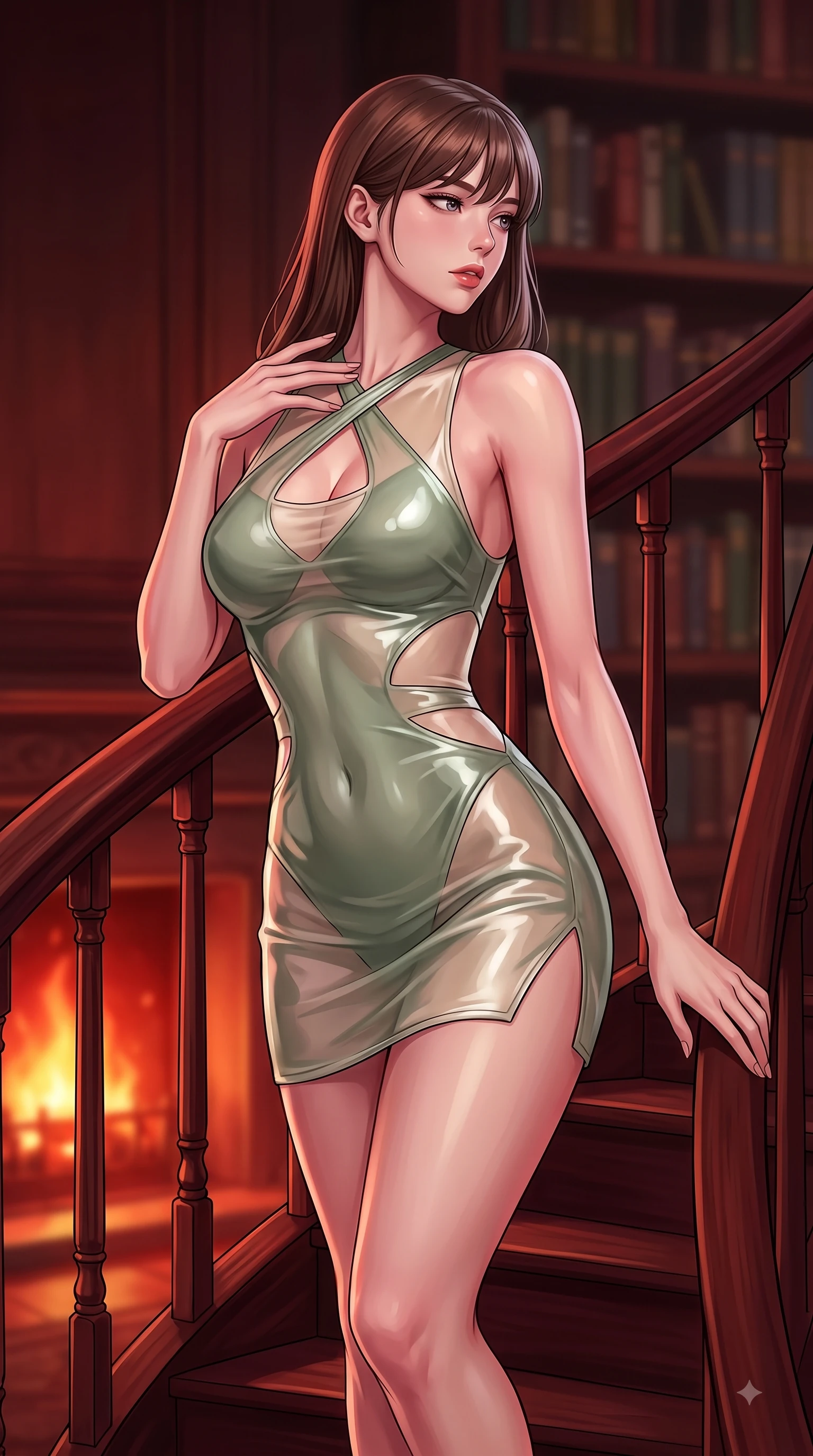 score_9, masterpiece, best quality, ultra-detailed, high-budget anime keyframe, editorial fashion photography, tasteful artistic composition, Korean woman. close-up cowboy shot from the waist and thighs up, the character dominates the composition, filling the frame with her large presence, background elements kept in soft focus. Pivoting her torso in an alluring S-curve alignment, one hand gently tracing her collarbone with poise while pivoting gracefully on a mahogany spiral staircase, casting a seductive sidelong gaze over her shoulder, warm hearth flames casting deep crimson and amber chiaroscuro lighting on her form. She has an exceptionally elegant, slender, and willowy female figure with an ultra-slim waist, a gracefully sculpted slender torso, and a refined silhouette. sharp v-shaped jawline, high-bridge nose, intricate jewel-like eyes with depth, thick eyelashes, glossy lips with a natural sheen, flawlessly proportioned anatomical accuracy, natural body alignment, perfectly sculpted elegant limbs, clean dynamic posture without body distortion. wearing a liquid mercury gloss mini dress with ultra-deep V-neck and waist cutouts in sage green and oatmeal, woven from fine semi-opaque sheer organza, featuring subtle geometric cutouts that highlight her ultra-slim midriff, the form-contouring material highlighting her ultra-slim waist and long lines. surrounded by an opulent, intimate library aura with deep warm gradients. highly saturated vibrant anime colors, detailed shading with soft gradients, rich glossy textures, high-contrast stereoscopic depth, volumetric dynamic lighting, master piece, 9:16 ratio