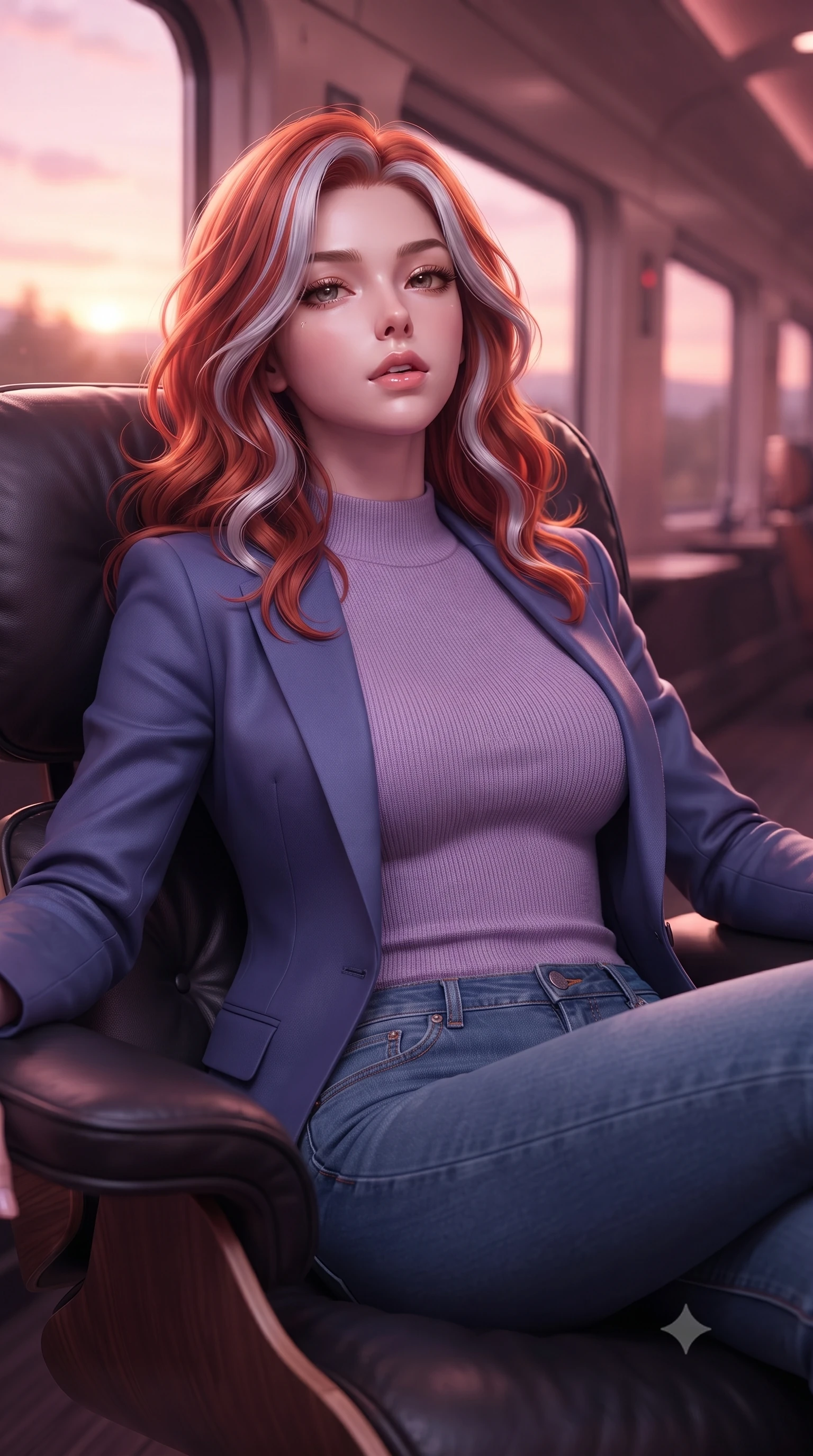 score_9, masterpiece, best quality, ultra-detailed, high-budget anime keyframe, editorial fashion photography, tasteful artistic composition, Caucasian woman. close-up cowboy shot from the waist and thighs up, the character dominates the composition, filling the frame with her large presence, background elements kept in soft focus. tilting her chin up slightly with lips parted in a composed, provocative expression the background shows a soft-focus a panoramic rail observation deck with comfortable leather lounge seats. She has an exceptionally elegant, slender, and willowy female figure with an ultra-slim waist, a gracefully sculpted slender torso, and a refined silhouette. sharp v-shaped jawline, high-bridge nose, intricate jewel-like eyes with depth, thick eyelashes, glossy lips with a natural sheen. wearing a tailored tight-fitting lavender knit bodysuit worn under a tailored open blazer and jeans. soft pink and amber sunset glow painting the cabin in a romantic wash. ultra-reflective glossy finish, specular highlights, metallic sheen, high-contrast stereoscopic depth, volumetric dynamic lighting, 2k, ultra detail, master piece, 9:16 ratio