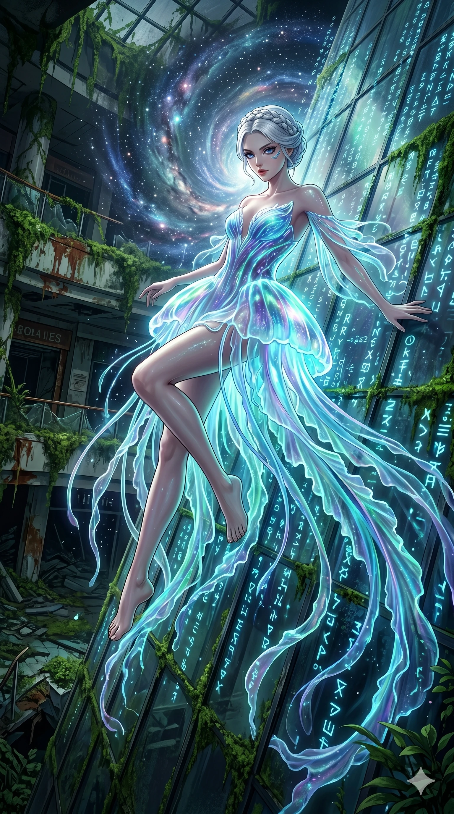 score_9, masterpiece, best quality, ultra-detailed, Set A: High-budget Anime Keyframe, Japanese woman. Upper body close-up from the thighs up, character filling the screen for maximum presence. Theme: Historical Remix. sliding down a glass skyscraper in a ruined overgrown shopping mall, as a digital rain of 137 symbols washes over her. The atmosphere is filled with a swirling vortex of stars. She has an absolutely perfect 8-heads proportion, an exceptionally tall and slender female figure with impossibly long slender legs and an ultra-slim waist. Sharp v-shaped jawline, high-bridge nose, intricate jewel-like eyes with depth, glossy lips. Wearing Bioluminescent jellyfish-inspired dress with long flowing transparent tentacles. Cinematic lighting, vivid colors, dramatic shadows, 2k, ultra detail, master piece, 9:16 ratio