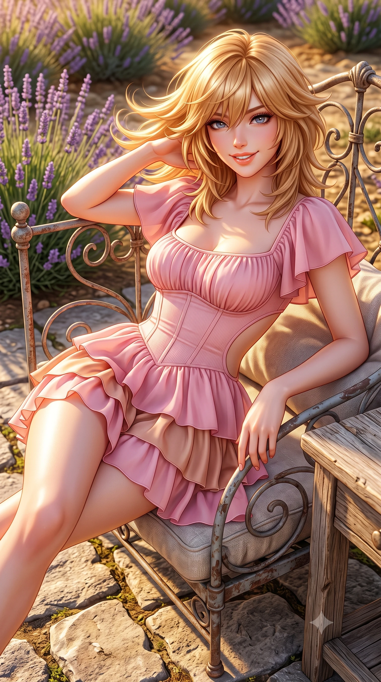 score_9, masterpiece, best quality, ultra-detailed, high-budget anime keyframe, semi-realistic 3D game render, editorial fashion photography, tasteful artistic composition, Japanese woman. close-up cowboy shot from the waist and thighs up, the character dominates the composition, filling the frame with her large presence. turning playfully with a bright confident smile, her glossy hair tossing in the breeze as her hips angle gracefully in a captivating contrapposto while reclining on a vintage iron daybed propped on one elbow, her flat midriff and willowy curves bathed in golden French countryside light. The surrounding environment is rendered in vivid detail and crisp panoramic clarity. sharp limestone flagstone textures, lavender flower spike details, and weathered wood grain in deep focus. She has an exceptionally elegant, slender, and willowy female figure with an ultra-slim waist, flat toned midriff, narrow ribcage, and sculpted feminine hips creating an alluring, slim hourglass silhouette without bulk. sharp v-shaped jawline, high-bridge nose, intricate jewel-like sparkling eyes with depth, thick eyelashes, glossy parted lips with a natural peach sheen, bright cheerful beaming smile with an enchanting and coquettish sensual glint, exuding both youthful cute charm and seductive allure, flawlessly proportioned anatomical accuracy, strict slender model proportions, natural body alignment, perfectly sculpted long slender limbs, ultra-slim waistline, clean dynamic posture without body distortion. wearing a tiered ruffled chiffon mini dress with a fitted corseted waist and open back in cherry blossom pink and soft rose gold, formed from supple second-skin stretch ribbed knit clinging to her form, featuring elegant flutter sleeves and a graceful square neckline, the precision-cut side openings and low-back scoop framing her graceful spine and the sensual sweep of her slim, toned hips. bathed in brilliant golden hour southern French sunlight streaming across the purple hillside. highly saturated vibrant anime colors, detailed shading with soft gradients, rich glossy textures, high-contrast stereoscopic depth, volumetric dynamic lighting, master piece, 9:16 ratio