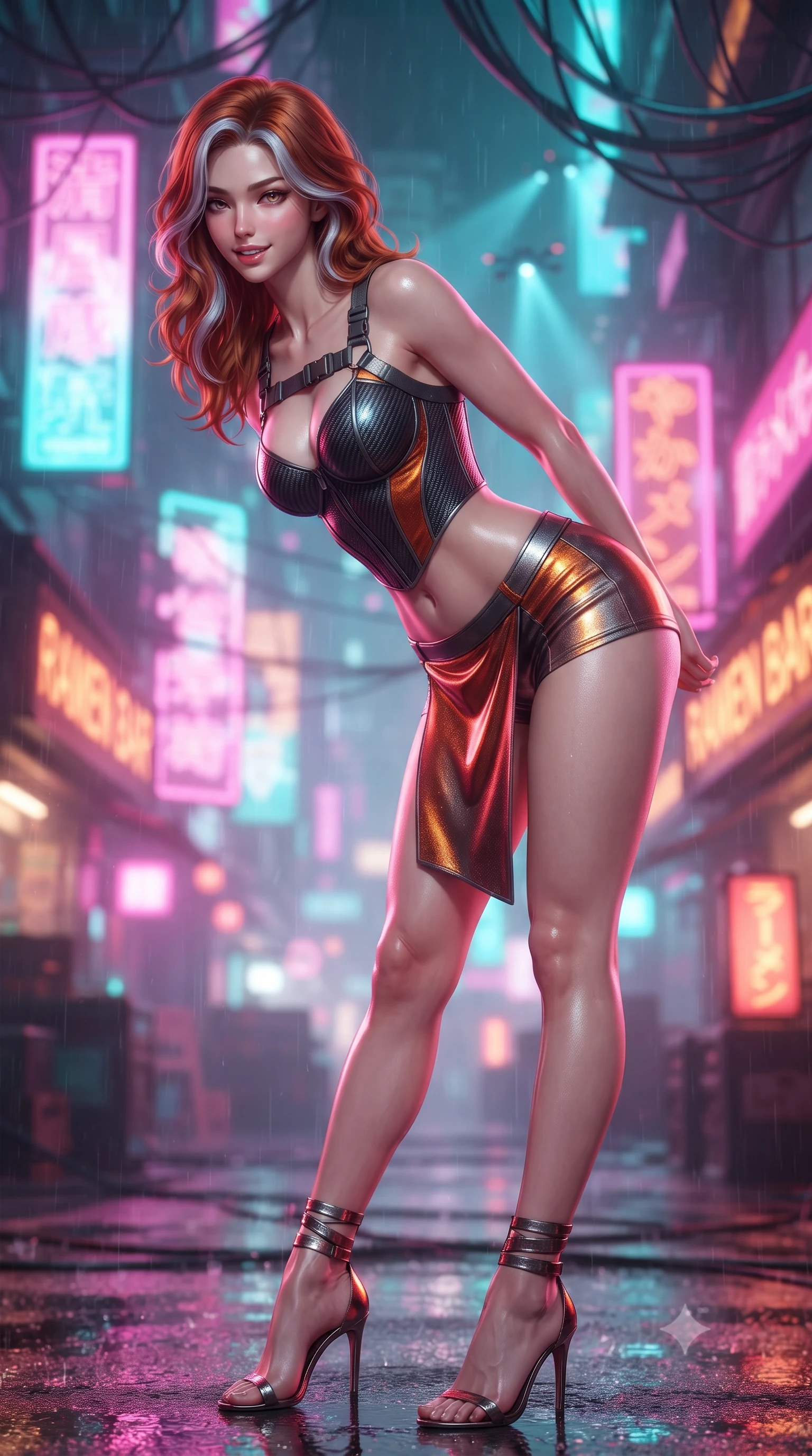 score_9, masterpiece, best quality, ultra-detailed, high-budget anime keyframe, editorial fashion photography, tasteful artistic composition, Caucasian woman. close-up cowboy shot from the waist and thighs up, the character dominates the composition, filling the frame with her large presence. leaning forward while arching her lower back to accentuate her curvy hips, looking into the camera with an intoxicating smoldering gaze and bedroom-eyes while twisting her slender torso in an alluring contrapposto stance, flashing pink and cyan holographic noodle bar signs casting vibrant reflections on her narrow waist and hips. The background shows a soft-focus dense web of glowing fiber-optic cables, dripping neon Kanji signs, and searchlight cones from hovering police drones blurred into fuchsia, turquoise, and amber bokeh. She has an exceptionally elegant, slender, and willowy female figure with an ultra-slim waist, flat toned midriff, narrow ribcage, and sculpted feminine hips creating an alluring, slim hourglass silhouette without bulk. sharp v-shaped jawline, high-bridge nose, intricate jewel-like sparkling eyes with depth, thick eyelashes, glossy parted lips with a natural peach sheen, bright cheerful beaming smile with an enchanting and coquettish sensual glint, exuding both youthful cute charm and seductive allure, flawlessly proportioned anatomical accuracy, strict slender model proportions, natural body alignment, perfectly sculpted long slender limbs, ultra-slim waistline, clean dynamic posture without body distortion. wearing a sculpted carbon-fiber underwire crop corset with tactical buckle straps paired with low-rise micro shorts in volcanic ember orange and brushed gunmetal, crafted from stretch micro-mesh with liquid foil coating that shimmers with every movement, complemented by strappy stiletto sandals with metallic ankle wraps accentuating her slender calves, the high-slit wrap tailoring accentuating her ultra-slim waistline and the enchanting curve of her feminine hips with alluring seductive charm. bathed in multi-colored ambient neon reflections from towering holographic advertisements mixed with cool rain reflections. ultra-reflective glossy finish, specular highlights, rich textural contrasts, high-contrast stereoscopic depth, volumetric dynamic lighting, 2k, ultra detail, master piece, 9:16 ratio