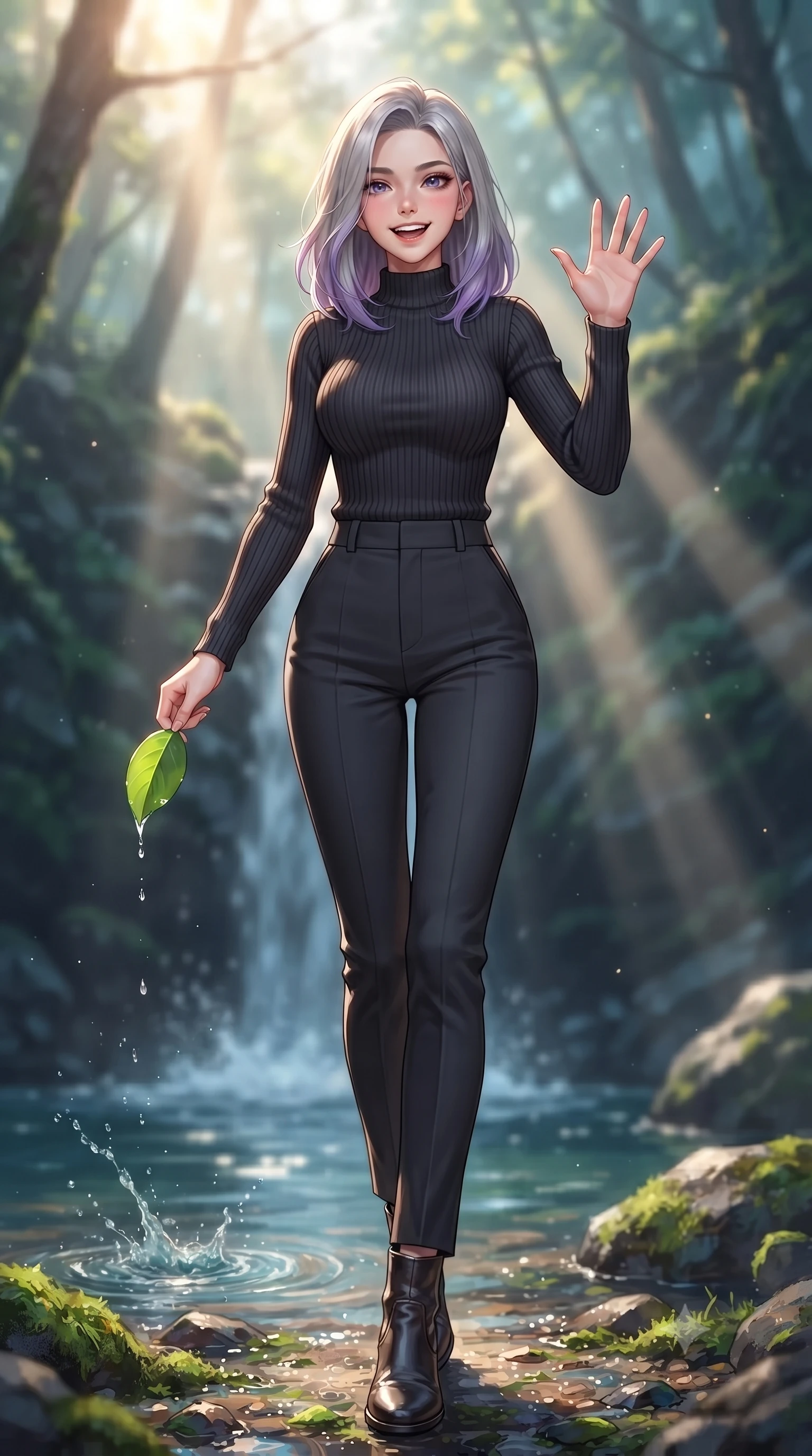 score_9, masterpiece, best quality, ultra-detailed, high-budget anime keyframe, editorial fashion photography, tasteful artistic composition, Caucasian woman. low angle full-body shot from head to toe showing her feet, filling the entire 9:16 vertical frame with her statuesque presence, stretching her vertical silhouette. stepping forward with a bright, cheerful smile, waving happily at the viewer set against a soft-focus background of near a beautiful forest waterfall with clean water splashing into a pool holding a smooth green leaf with a happy, refreshed expression. She has an absolutely perfect, statuesque 8.5-heads proportion, an exceptionally tall and slender model-like female figure with impossibly long slender legs and an ultra-slim waist. sharp v-shaped jawline, high-bridge nose, intricate jewel-like eyes with depth, thick eyelashes, glossy lips with a natural sheen. wearing body-hugging body-hugging ribbed knit sweater in charcoal, paired with slim-fit trousers. cool forest shadows contrasting with warm shafts of sunbeams. highly saturated vibrant anime colors, detailed shading with soft gradients, rich glossy textures, high-contrast stereoscopic depth, volumetric dynamic lighting, master piece, 9:16 ratio