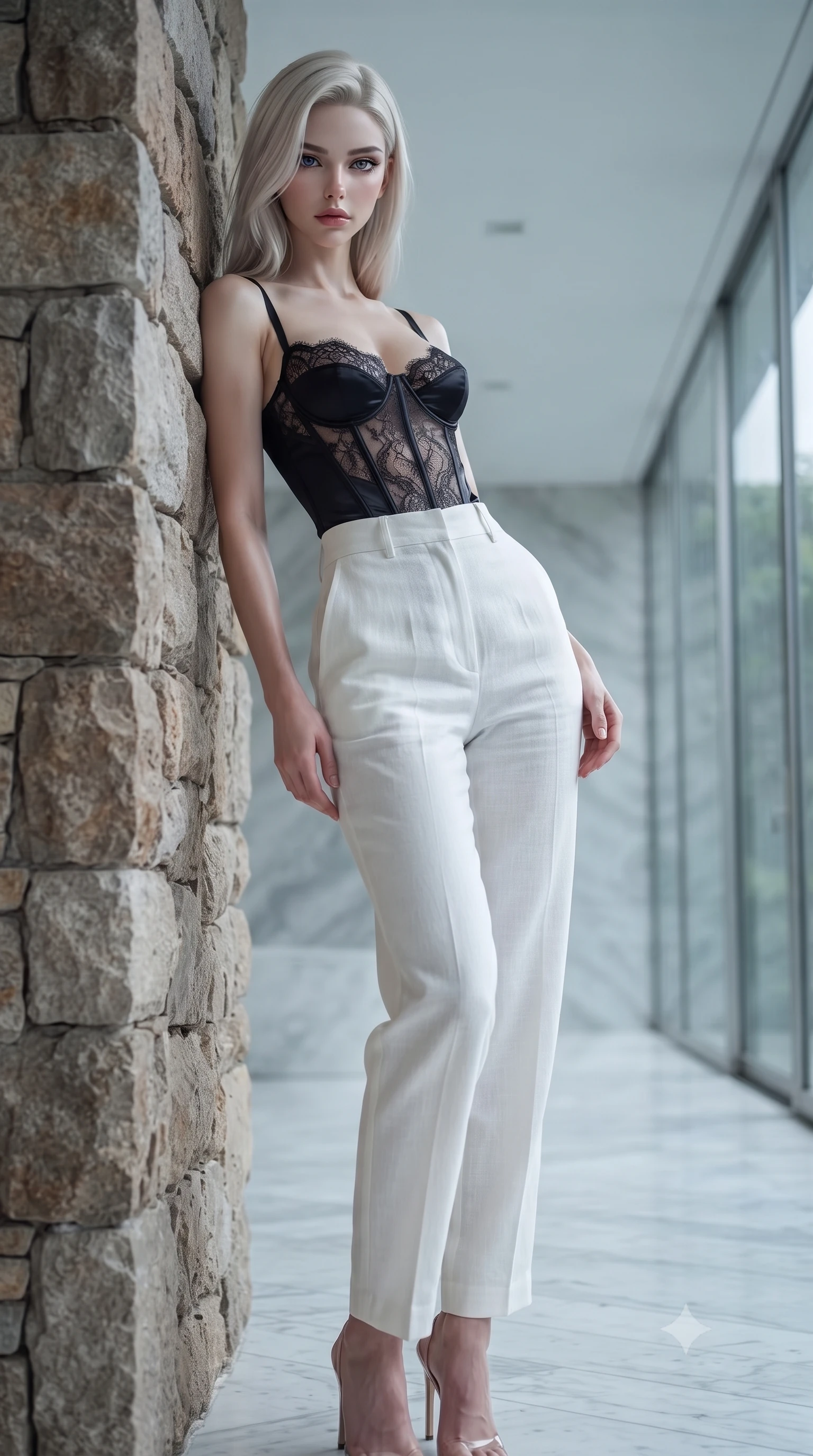 score_9, masterpiece, best quality, ultra-detailed, high-budget anime keyframe, editorial fashion photography, tasteful artistic composition, Caucasian woman. low angle full-body shot from head to toe showing her feet, filling the entire 9:16 vertical frame with her statuesque presence, stretching her vertical silhouette. leaning back against a rustic stone wall, casting a slow, alluring gaze at the camera the background shows a soft-focus a minimalist marble corridor with floor-to-ceiling windows overlooking a rain garden. She has an absolutely perfect, statuesque 8.5-heads proportion, an exceptionally tall and slender model-like female figure with impossibly long slender legs and an ultra-slim waist. sharp v-shaped jawline, high-bridge nose, intricate jewel-like eyes with depth, thick eyelashes, glossy lips with a natural sheen. wearing a tailored delicate lace corset top in black silk, paired with high-waisted white linen trousers. cool diffused rainy daylight tracing her sharp v-shaped jawline. highly saturated vibrant anime colors, detailed shading with soft gradients, rich glossy textures, high-contrast stereoscopic depth, volumetric dynamic lighting, master piece, 9:16 ratio