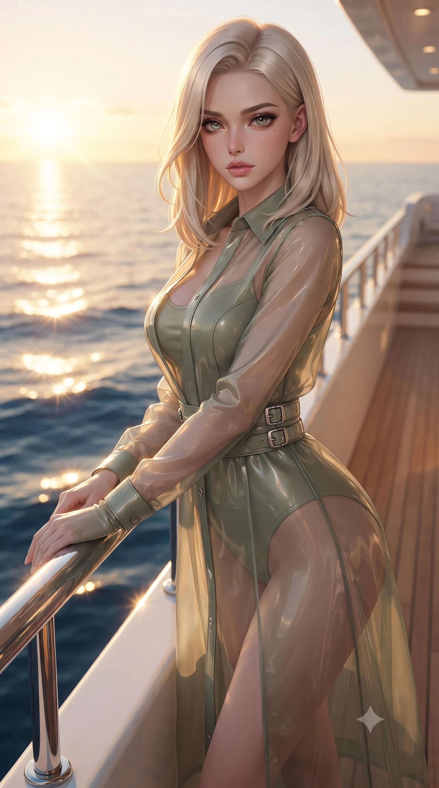 score_9, masterpiece, best quality, ultra-detailed, high-budget anime keyframe, editorial fashion photography, tasteful artistic composition, Caucasian woman. close-up cowboy shot from the waist and thighs up, the character dominates the composition, filling the frame with her large presence, background elements kept in soft focus. Leaning slightly forward with a composed, seductive gaze under soft glowing light standing near the polished chrome railing of a yacht overlooking a golden sunset sea, polished teak wood and gleaming chrome hardware catching sharp sunbursts. She has an exceptionally elegant, slender, and willowy female figure with an ultra-slim waist, a gracefully sculpted slender torso, and a refined silhouette. sharp v-shaped jawline, high-bridge nose, intricate jewel-like eyes with depth, thick eyelashes, glossy lips with a natural sheen. wearing a semi-opaque sheer overlay dress over a leather micro-bodysuit in sage green and oatmeal, woven from fine semi-opaque sheer organza, detailed with polished silver buckles along the waistline, the glove-like fit emphasizing her statuesque silhouette. illuminated by a glorious golden hour sunset over deep azure sea waves. ultra-reflective glossy finish, specular highlights, metallic sheen, high-contrast stereoscopic depth, volumetric dynamic lighting, 2k, ultra detail, master piece, 9:16 ratio