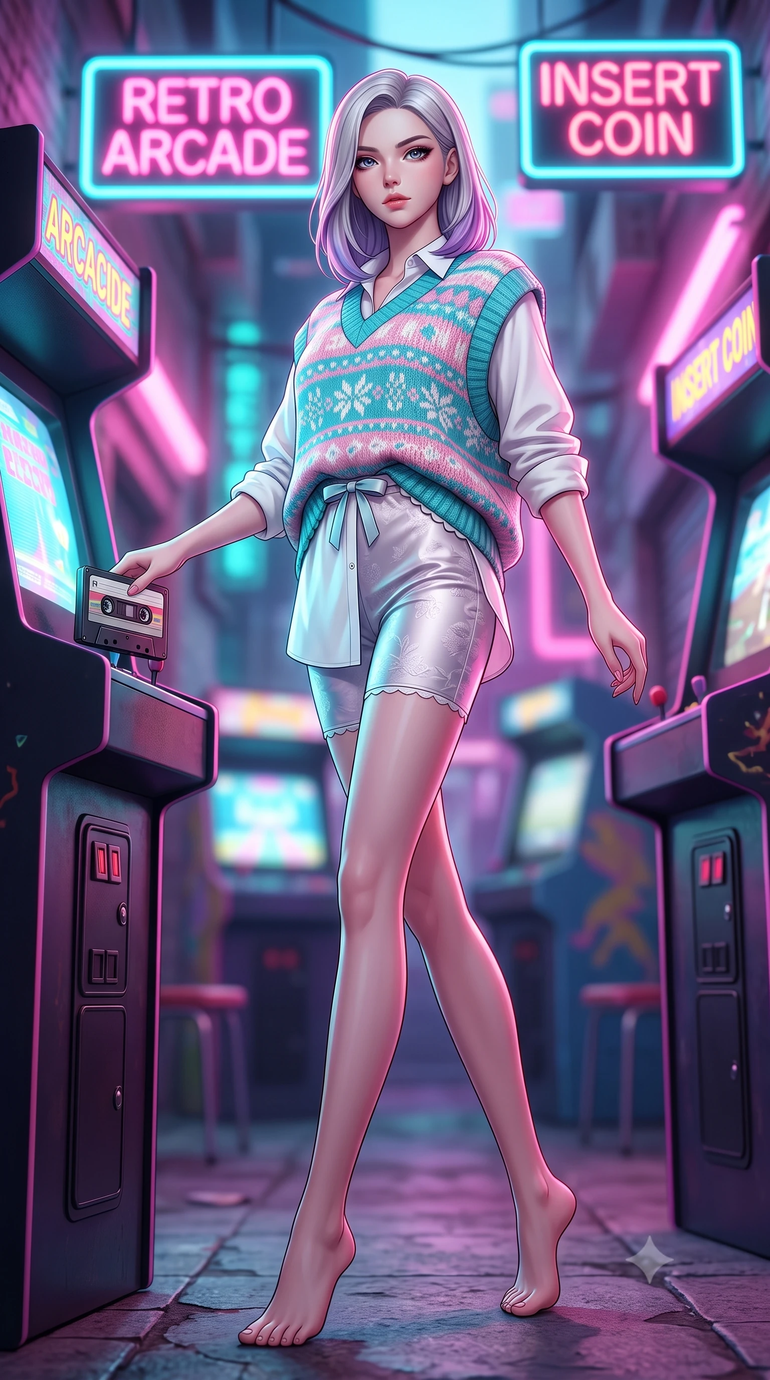 score_9, masterpiece, best quality, ultra-detailed, high-budget anime keyframe, semi-realistic 3D game render, editorial fashion photography, tasteful artistic composition, Caucasian woman. low angle full-body shot from head to toe showing her feet, filling the entire 9:16 vertical frame with her statuesque presence, stretching her vertical silhouette. pivoting dynamically with supreme athletic balance and poise, her impossibly long slender legs creating a breathtaking line while stepping out of the arcade into the neon-lit alleyway, adjusting her cassette tape player with supreme retro cool. The composition keeps background elements in soft focus with creamy bokeh. flashing CRT arcade screens and glowing marquee game titles blurred into radiant rainbow, electric pink, and cyan bokeh. She has an absolutely perfect, statuesque 8.5-heads proportion, an exceptionally tall and slender model-like female figure with impossibly long slender legs, a toned flat midriff, and an ultra-slim waist. sharp v-shaped jawline, high-bridge nose, intricate jewel-like eyes with depth, thick eyelashes, glossy lips with a natural sheen, captivating and magnetic expression, flawlessly proportioned anatomical accuracy, strict slender model proportions, natural body alignment, perfectly sculpted long slender limbs, ultra-slim waistline, clean dynamic posture without body distortion. wearing an oversized 90s knit sweater vest worn over a crisp white boyfriend shirt and cycling shorts in retro turquoise, baby pink, and white, crafted from liquid-smooth silk satin with subtle floral jacquard, finished with a dainty waist ribbon bow and scalloped hemline trims, the liquid-tight tailored fabric emphasizing every curve of her tall, slender model proportions and sculptured silhouette during dynamic movement. surrounded by a playful, energetic, and delightfully charming 80s arcade sweetheart aura. highly saturated vibrant anime colors, detailed shading with soft gradients, rich glossy textures, high-contrast stereoscopic depth, volumetric dynamic lighting, master piece, 9:16 ratio