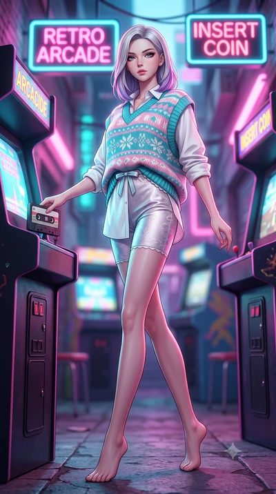 score_9, masterpiece, best quality, ultra-detailed, high-budget anime keyframe, semi-realistic 3D game render, editorial fashion photography, tasteful artistic composition, Caucasian woman. low angle full-body shot from head to toe showing her feet, 