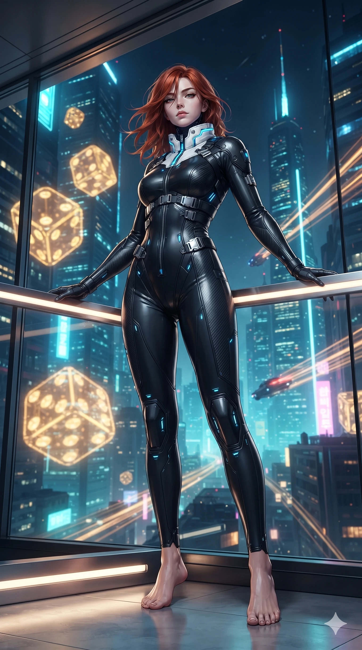 score_9, masterpiece, best quality, ultra-detailed, high-budget anime keyframe, editorial fashion photography, tasteful artistic composition, Korean woman. low angle full-body shot from head to toe showing her feet, filling the entire 9:16 vertical frame with her statuesque presence, stretching her vertical silhouette. standing in a tall, confident posture with one hand on a glowing metal railing, stretching her statuesque body as she arches her lower back to emphasize her sculpted feminine hips and slender waist while standing poised against the floor-to-ceiling panoramic glass overlooking towering neon skyscrapers, arching her spine with sovereign glamour as giant holographic dice tumble in mid-air. The background shows a soft-focus tumbling golden holographic dice projections, soaring skyscraper light spires, and flying vehicle light trails blurred into gold, cyan, and midnight blue bokeh. She has an absolutely perfect, statuesque 8.5-heads proportion, an exceptionally tall and slender model-like female figure with impossibly long slender legs, an ultra-slim waist, a flat toned midriff, narrow delicate ribcage, and beautifully sculpted feminine hips creating a graceful, slim hourglass silhouette without any bulky heaviness. sharp v-shaped jawline, high-bridge nose, intricate jewel-like sparkling eyes with depth, thick eyelashes, glossy parted lips with a natural sheen, bright confident smile with an enchanting and coquettish sensual glint, exuding both youthful magnetic charm and sovereign high-tech allure, flawlessly proportioned anatomical accuracy, strict slender model proportions, natural body alignment, perfectly sculpted long slender limbs, ultra-slim waistline, clean dynamic posture without body distortion. wearing a form-fitting cybernetic combat suit in matte black latex and carbon fiber, tracing her willowy silhouette with a high neck in arctic snowflake white and electric plasma blue, woven from buttery-soft stretch lambskin leather adhering to her body like a second skin, finished with polished chrome buckle hardware and modular magnetic holster clasps, the liquid-tight tailored fabric clinging flawlessly to her narrow waist and rounded feminine hips, emphasizing every millimeter of her sculpted slim hourglass curves without any bulky heaviness. illuminated by bar top reflections and sharp gold-cyan rim lights defining her razor-sharp jawline, narrow waist, and curvy hips. ultra-reflective glossy finish, specular highlights, rich textural contrasts, high-contrast stereoscopic depth, volumetric dynamic lighting, 2k, ultra detail, master piece, 9:16 ratio