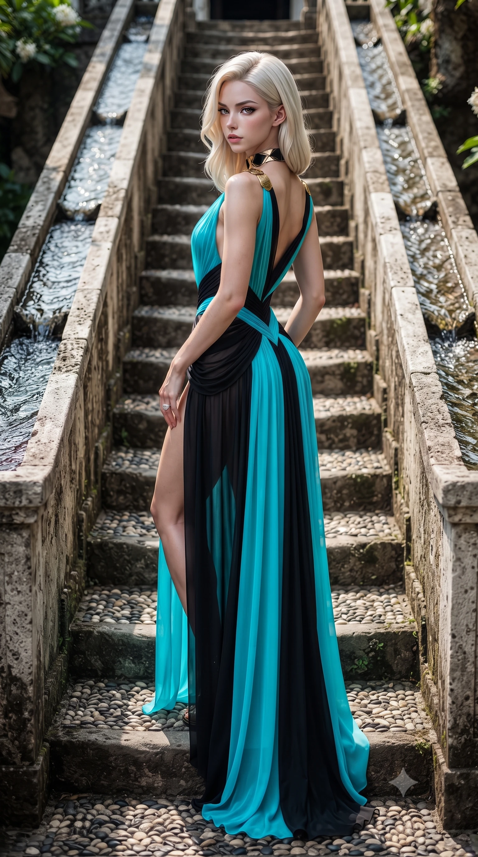 score_9, masterpiece, best quality, ultra-detailed, high-budget anime keyframe, editorial fashion photography, tasteful artistic composition, Caucasian woman. low angle full-body shot from head to toe showing her feet, filling the entire 9:16 vertical frame with her statuesque presence, stretching her vertical silhouette. posing with back turned slightly to the lens, glancing back with smoldering allure as she arches her lower back to emphasize her sculpted feminine hips and slender waist while descending the ancient stone staircase with channels of mountain water flowing through the handrails, arching her back with sovereign supermodel grace. The surrounding environment is rendered in vivid detail and crisp panoramic clarity. sharp water surface ripples in carved stone channels, weathered pebble mosaic steps, and jasmine petal venation in deep focus. She has an exceptionally tall and slender model-like 8.5-heads proportion, an ultra-slim waist, a flat toned midriff, narrow delicate ribcage, and beautifully sculpted feminine hips creating a graceful, slim hourglass silhouette without any bulky heaviness, with impossibly long slender legs. sharp v-shaped jawline, high-bridge nose, intricate jewel-like eyes with depth, thick eyelashes, glossy parted lips with a natural sheen, intensely captivating and seductive bedroom-eyes expression, flawlessly proportioned anatomical accuracy, strict slender model proportions, natural body alignment, perfectly sculpted long slender limbs, ultra-slim waistline, clean dynamic posture without body distortion. wearing a high-slit Grecian goddess draped gown with asymmetrical gold shoulder clasps and hip gathering in neon electric cyan and lacquer black, woven from layered gossamer chiffon with a weightless sweeping drape, complemented by a bold geometric choker and sparkling cocktail ring, the glove-like aerodynamic silhouette tightly following the natural contour of her hips and long slender legs with statuesque 8.5-heads elegance. illuminated by cool water surface specular reflections sharply defining her razor-sharp jawline, narrow waist, and curvy hips. ultra-reflective glossy finish, specular highlights, rich textural contrasts, high-contrast stereoscopic depth, volumetric dynamic lighting, 2k, ultra detail, master piece, 9:16 ratio