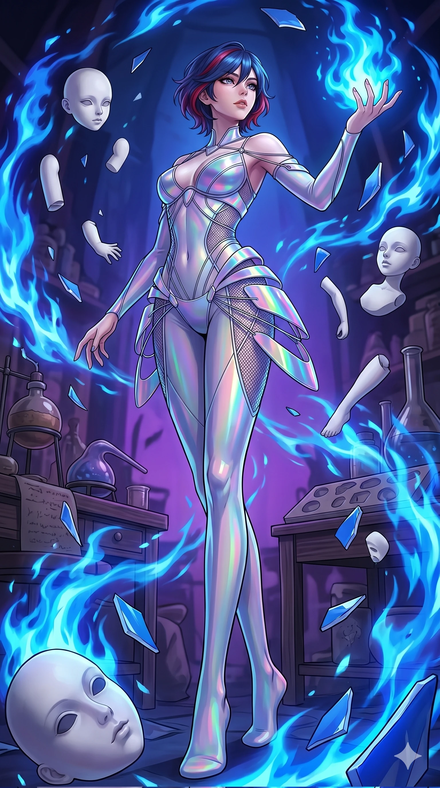 score_9, masterpiece, best quality, ultra-detailed, high-budget anime keyframe, Caucasian woman, strictly human ears. low angle full-body shot filling the entire 9:16 frame with her statuesque presence, stretching the vertical silhouette. assisting in an alchemical porcelain workshop where floating white bisque doll parts and blue porcelain shards swirl amidst blue alchemical flames. She has an absolutely perfect 8-heads proportion, an exceptionally tall and slender female figure with impossibly long slender legs and an ultra-slim waist. V-shaped jawline, high-bridge nose, intricate jewel-like eyes with depth, thick eyelashes, glossy lips with a natural sheen.. wearing a holographic ribbon shell armor, featuring thin iridescent plates linked by wire straps over a sleek structured base layer. accented by dynamic color-blocked lighting with high-contrast shadows emphasizing her statuesque height. 2k, ultra detail, master piece, 9:16 ratio