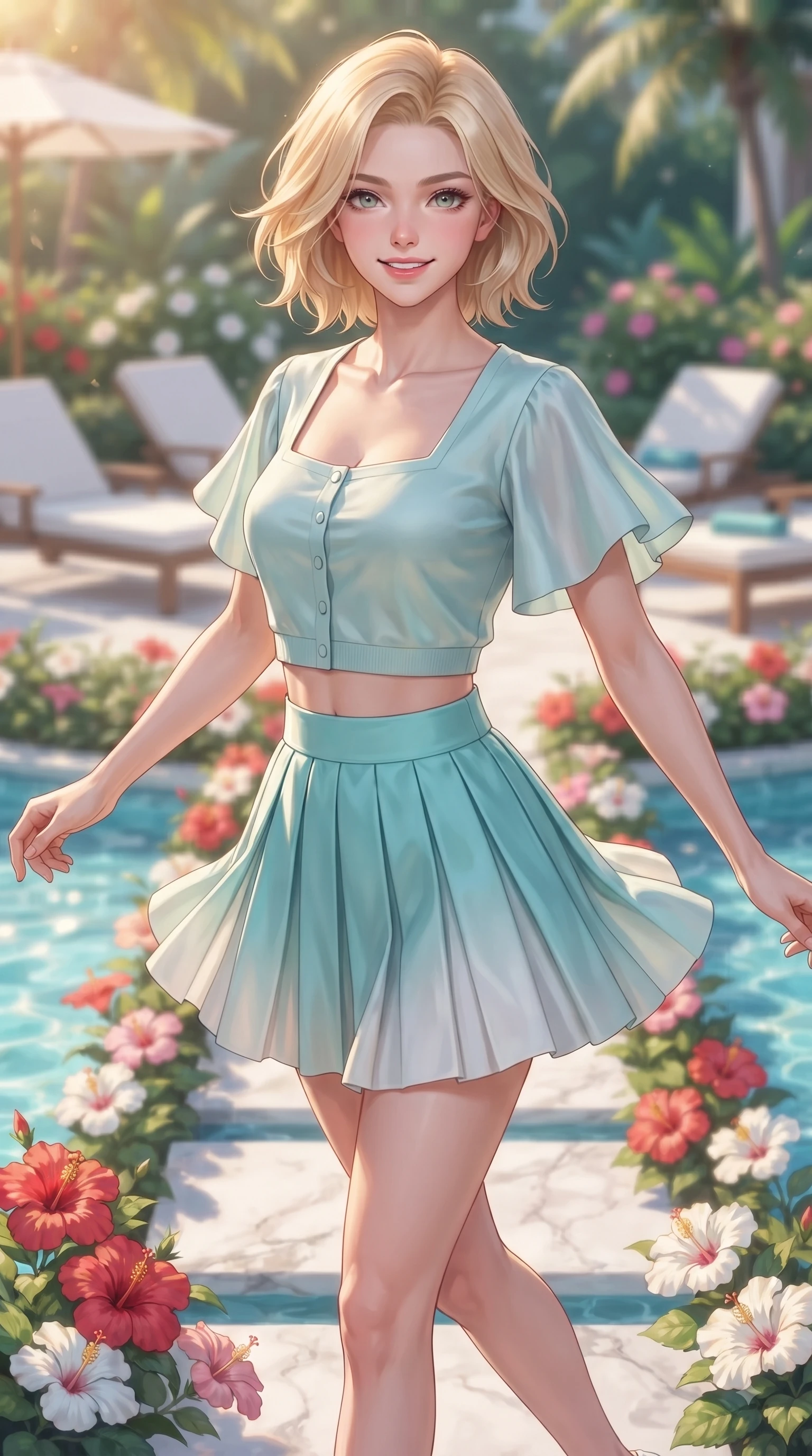 score_9, masterpiece, best quality, ultra-detailed, high-budget anime keyframe, editorial fashion photography, tasteful artistic composition, Caucasian woman. close-up cowboy shot from the waist and thighs up, the character dominates the composition, filling the frame with her large presence. Youthful bright smile exuding pure cute charm and fresh energy, her torso turning dynamically into the lens while stepping onto a marble garden walkway surrounded by blooming hibiscus flowers and clear blue water. The composition keeps background elements in soft focus with dreamy bokeh. white sun loungers and tropical resort gardens softened by a gentle shallow focus. She has an exceptionally elegant, slender, and willowy female figure with an ultra-slim waist, a gracefully sculpted slender torso, and a refined silhouette. sharp v-shaped jawline, high-bridge nose, intricate jewel-like eyes with depth, thick eyelashes, glossy lips with a natural sheen, flawlessly proportioned anatomical accuracy, natural body alignment, perfectly sculpted elegant limbs, clean dynamic posture without body distortion. wearing a chic cropped pastel cardigan with a high-waisted pleated tennis skirt in ocean turquoise and sea-salt white, crafted from smooth fluid silk satin, featuring elegant flutter sleeves and a graceful square neckline, the soft airy drape swaying gracefully with her dynamic movements. illuminated by warm golden afternoon sunbursts casting crisp highlights. ultra-reflective glossy finish, specular highlights, metallic sheen, high-contrast stereoscopic depth, volumetric dynamic lighting, 2k, ultra detail, master piece, 9:16 ratio