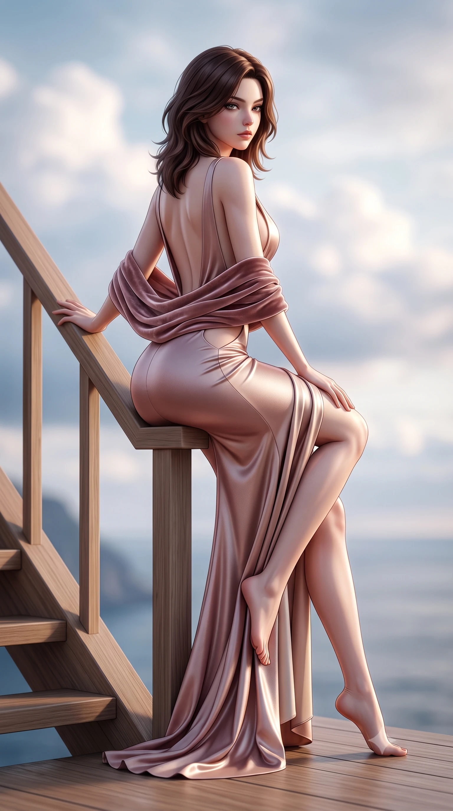 score_9, masterpiece, best quality, ultra-detailed, high-budget anime keyframe, semi-realistic 3D game render, editorial fashion photography, tasteful artistic composition, Korean woman. low angle full-body shot from head to toe showing her feet, filling the entire 9:16 vertical frame with her statuesque presence, stretching her vertical silhouette. sitting perched on the elevated edge with hips angled toward the camera and legs crossed, displaying her toned midriff and flawlessly sculpted slender limbs while leaning against the timber stair railing with hips cocked back, looking over her shoulder with fearless, smoldering Nordic eyes. The composition keeps background elements in soft focus with creamy bokeh. midnight sun clouds and distant sea horizons softened in ethereal Arctic shallow focus. She has an exceptionally tall and slender model-like 8.5-heads proportion, an ultra-slim waist, a flat toned midriff, narrow delicate ribcage, and beautifully sculpted feminine hips creating a graceful, slim hourglass silhouette without any bulky heaviness, with impossibly long slender legs. sharp v-shaped jawline, high-bridge nose, intricate jewel-like eyes with depth, thick eyelashes, glossy parted lips with a natural sheen, intensely captivating and seductive bedroom-eyes expression, flawlessly proportioned anatomical accuracy, strict slender model proportions, natural body alignment, perfectly sculpted long slender limbs, ultra-slim waistline, clean dynamic posture without body distortion. wearing a liquid-silk jersey evening gown with an ultra-deep plunging open back descending to the base of her spine and a sculpted hip-hugging skirt in dusky blush rose and champagne shimmer, tailored from ultra-smooth duchess satin with a pearlescent sheen, complemented by a plush velvet shawl draped loosely over her elbows, the precision-cut side openings and low-back scoop framing her graceful spine and the sensual sweep of her slim, toned hips. illuminated by cool fjord water ambient fill contouring her razor-sharp jawline, narrow waist, and curvy hips. highly saturated vibrant anime colors, detailed shading with soft gradients, rich glossy textures, high-contrast stereoscopic depth, volumetric dynamic lighting, master piece, 9:16 ratio