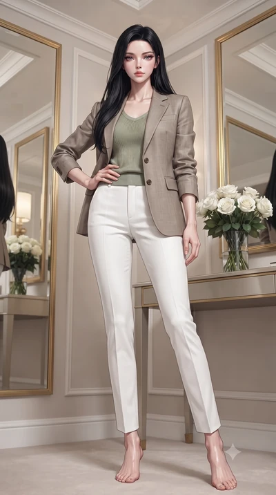 score_9, masterpiece, best quality, ultra-detailed, high-budget anime keyframe, editorial fashion photography, tasteful artistic composition, Korean woman woman. low angle full-body shot from head to toe showing her feet, filling the entire 9:16 vert