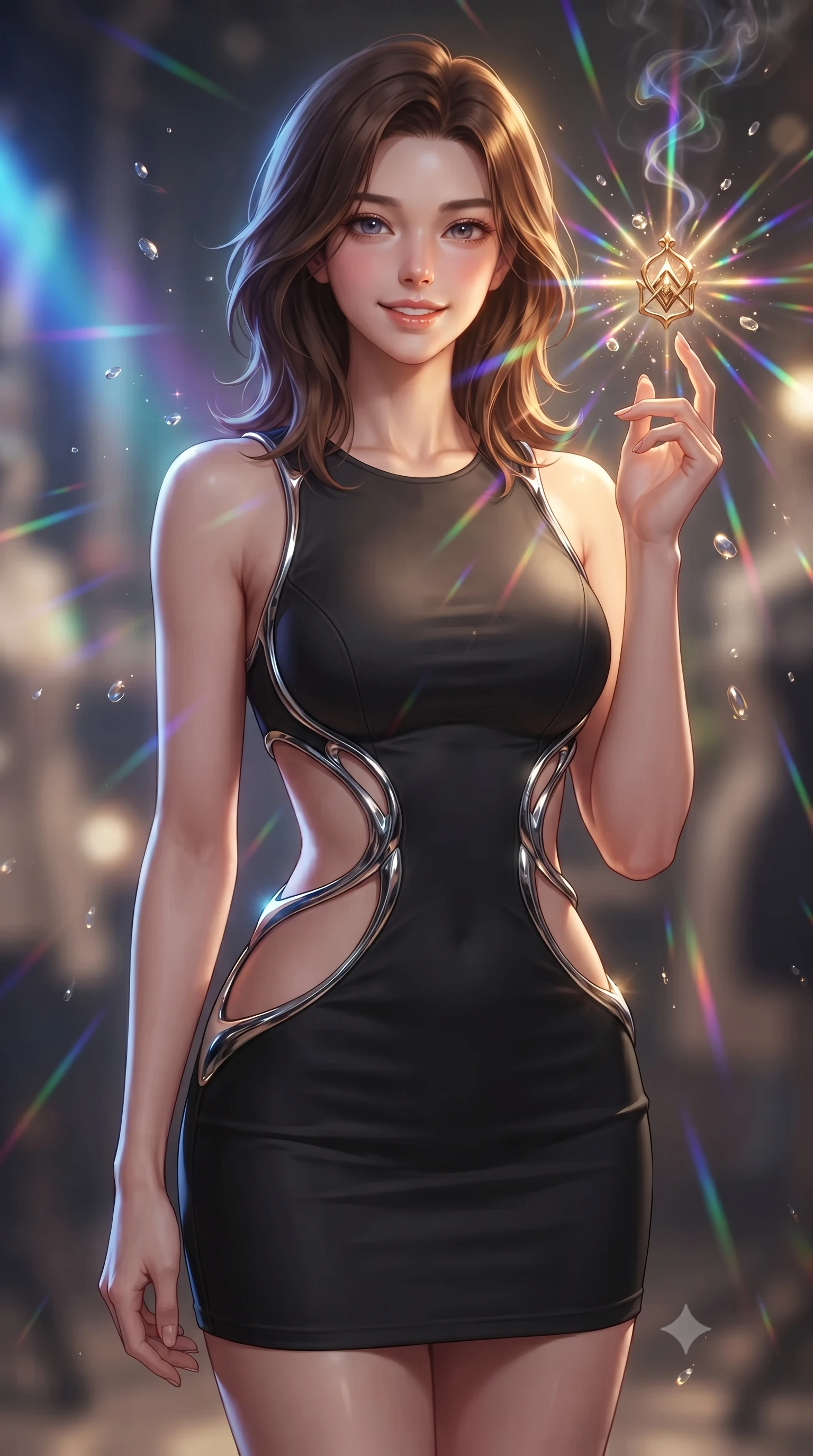 score_9, masterpiece, best quality, ultra-detailed, high-budget anime keyframe, editorial fashion photography, tasteful artistic composition, Korean woman. close-up cowboy shot from the waist and thighs up, the character dominates the composition, filling the frame with her large presence, background elements kept in soft focus. Smiling with quiet, magnetic self-assurance directly into the lens touching a floating golden icon surrounded by kaleidoscope light rays, floating glass dust and incense smoke scattering colorful light beams. She has an exceptionally elegant, slender, and willowy female figure with an ultra-slim waist, a gracefully sculpted slender torso, and a refined silhouette. sharp v-shaped jawline, high-bridge nose, intricate jewel-like eyes with depth, thick eyelashes, glossy lips with a natural sheen. wearing a dramatic open-waist cutout mini dress in matte black framed by sculptural chrome hardware, the form-contouring material highlighting her ultra-slim waist and long lines. illuminated by a warm golden key light and brilliant multi-color rim light. ultra-reflective glossy finish, specular highlights, metallic sheen, high-contrast stereoscopic depth, volumetric dynamic lighting, 2k, ultra detail, master piece, 9:16 ratio