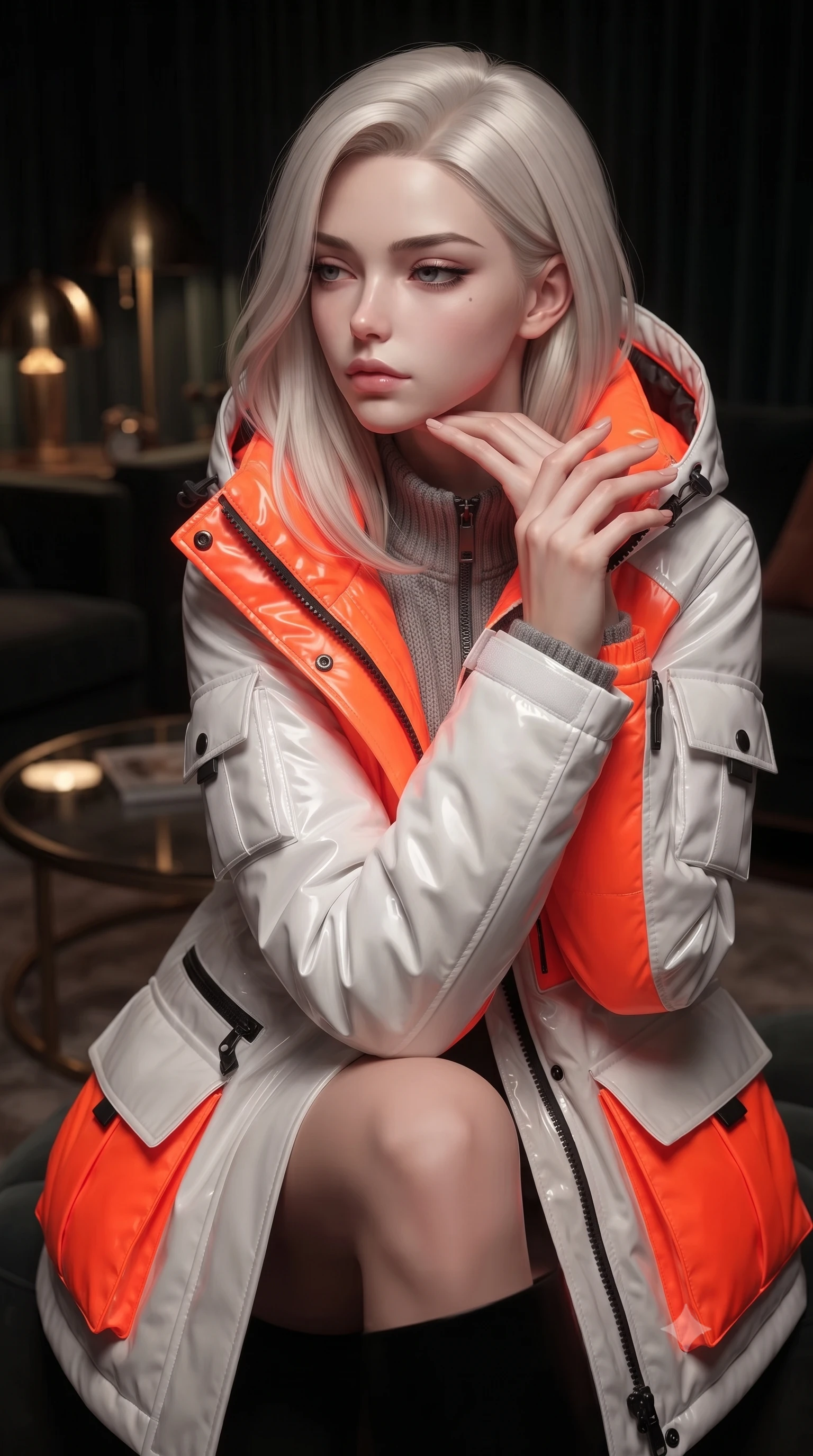 score_9, masterpiece, best quality, ultra-detailed, high-budget anime keyframe, editorial fashion photography, tasteful artistic composition, Caucasian woman. close-up cowboy shot from the waist and thighs up, the character dominates the composition, filling the frame with her large presence, background elements kept in soft focus. resting her chin on the backs of her fingers, casting a heavy-lidded, sultry look past the camera the background shows a soft-focus a dark velvet lounge corner with vintage lamps and a round glass coffee table. She has an exceptionally elegant, slender, and willowy female figure with an ultra-slim waist, a gracefully sculpted slender torso, and a refined silhouette. sharp v-shaped jawline, high-bridge nose, intricate jewel-like eyes with depth, thick eyelashes, glossy lips with a natural sheen. wearing a tailored heavy polar-station parka in white and neon orange tech-fabric, over a grey utility sweater. low-contrast warm ambient glow creating a calm and relaxed mood. ultra-reflective glossy finish, specular highlights, metallic sheen, high-contrast stereoscopic depth, volumetric dynamic lighting, 2k, ultra detail, master piece, 9:16 ratio