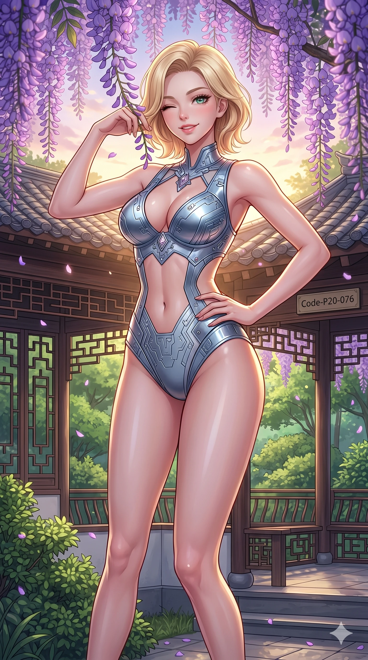 score_9, masterpiece, best quality, ultra-detailed, high-budget anime keyframe, vibrant anime aesthetic, Caucasian woman, strictly human ears. cowboy shot from the thighs up, character and outfit filling the frame for maximum presence. She is standing under wisteria, winking with a delightful and cheerful face by a quiet outdoor tea pavilion facing a green garden (Code-P20-076). She has an absolutely perfect 8-heads proportion, an exceptionally tall and slender female figure with impossibly long slender legs and an ultra-slim waist. V-shaped jawline, high-bridge nose, intricate jewel-like eyes with depth, thick eyelashes, glossy lips with a natural sheen. wearing a metallic bodysuit with exposed waist and plunging neckline. She is soft golden twilight glow mixed with warm boutique lights, tracing her eyelashes. 2k, ultra detail, master piece, 9:16 ratio