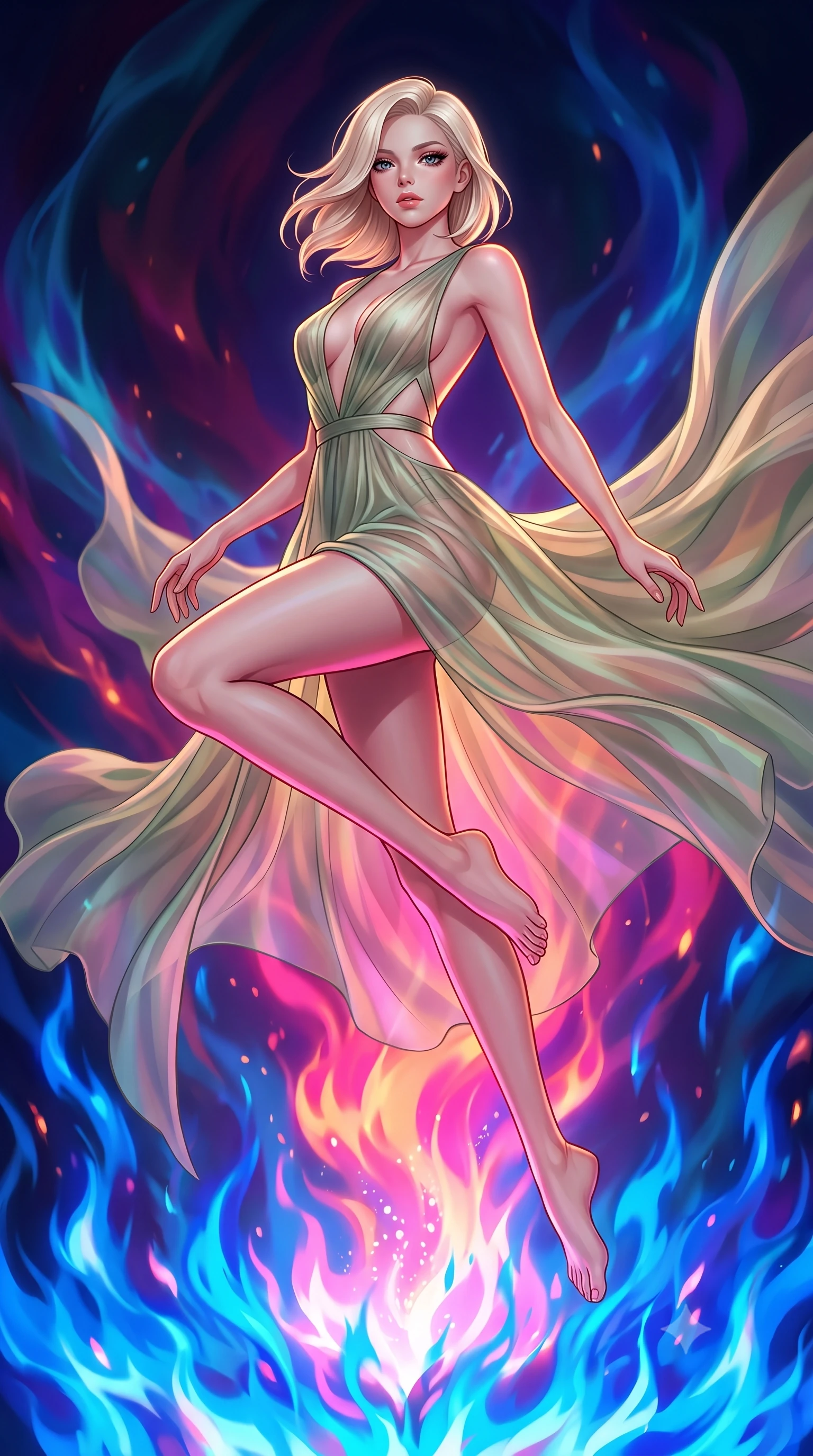 score_9, masterpiece, best quality, ultra-detailed, high-budget anime keyframe, editorial fashion photography, tasteful artistic composition, Caucasian woman. low angle full-body shot from head to toe showing her feet, filling the entire 9:16 vertical frame with her statuesque presence, stretching her vertical silhouette. leaping gracefully through mid-air with statuesque elegance, her impossibly long slender legs stretched in perfect balance while floating gracefully above a sapphire alchemy flame with her torso tilted dynamically, boiling liquid aurora energy radiating intense hot pink and orange light from below. She has an absolutely perfect, statuesque 8.5-heads proportion, an exceptionally tall and slender model-like female figure with impossibly long slender legs and an ultra-slim waist. sharp v-shaped jawline, high-bridge nose, intricate jewel-like eyes with depth, thick eyelashes, glossy lips with a natural sheen, flawlessly proportioned anatomical accuracy, natural body alignment, perfectly sculpted elegant limbs, clean dynamic posture without body distortion. wearing a translucent iridescent chiffon gown with a plunging neckline and open back in sage green and oatmeal, woven from fine semi-opaque sheer organza, featuring subtle geometric cutouts that highlight her ultra-slim midriff, the elegant draped fit framing her graceful clavicle and slender torso. bathed in hot pink and orange furnace underlighting with sharp bronze speculars. highly saturated vibrant anime colors, detailed shading with soft gradients, rich glossy textures, high-contrast stereoscopic depth, volumetric dynamic lighting, master piece, 9:16 ratio