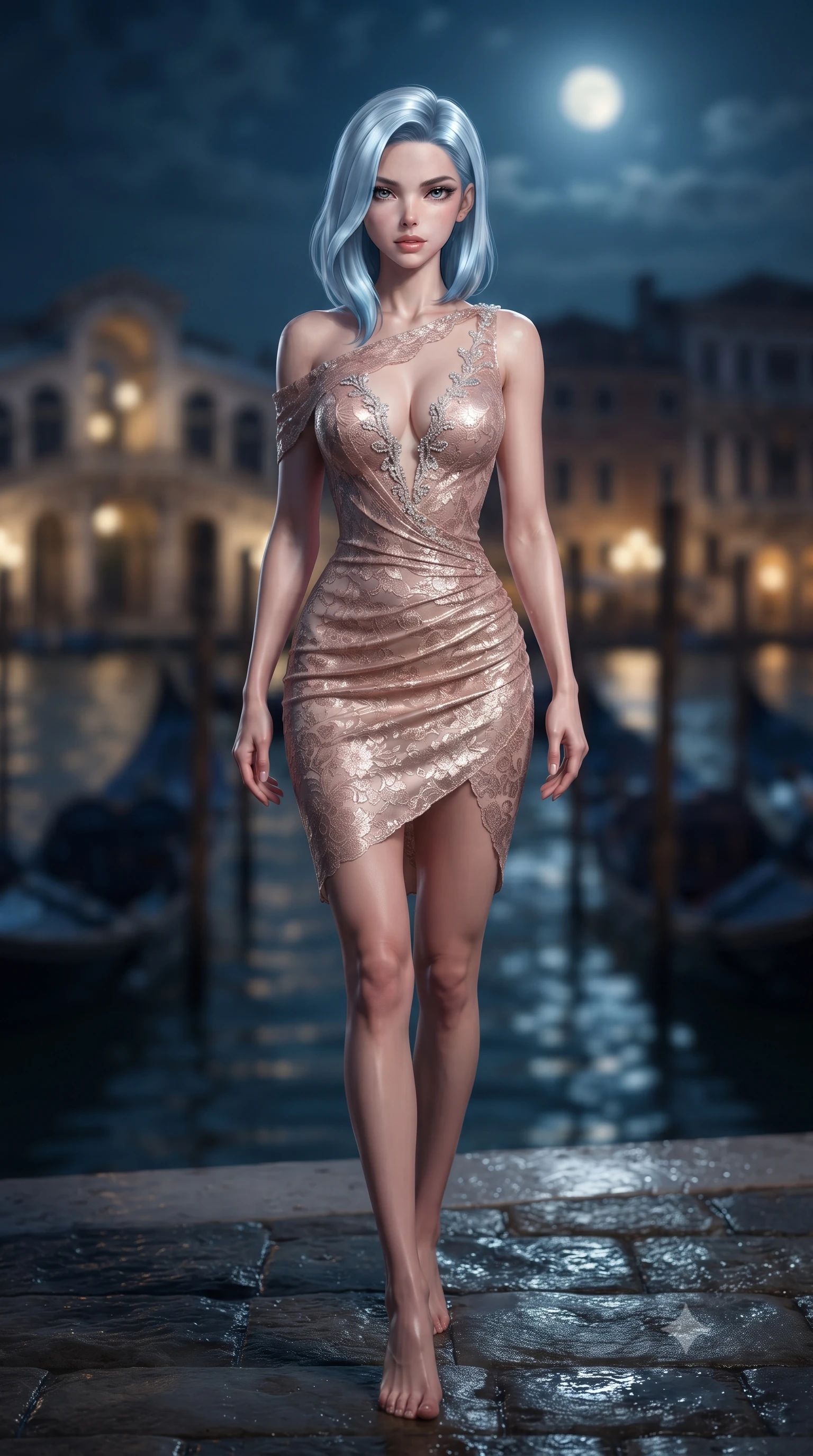 score_9, masterpiece, best quality, ultra-detailed, high-budget anime keyframe, editorial fashion photography, tasteful artistic composition, Korean woman. low angle full-body shot from head to toe showing her feet, filling the entire 9:16 vertical frame with her statuesque presence, stretching her vertical silhouette. striding forward in a proud supermodel runway stride, hips swaying in an alluring kinetic rhythm that accentuates her curvy hourglass silhouette while gliding down the grand palace water steps with supermodel poise, her liquid dress clinging to her narrow waist and rounded hips in the moonlight. The composition keeps background elements in soft focus with creamy bokeh. moonlit Grand Canal waters and distant Venetian palazzo arches blurred into deep sapphire, antique gold, and emerald bokeh. She has an exceptionally tall and slender model-like 8.5-heads proportion, an ultra-slim waist, a flat toned midriff, narrow delicate ribcage, and beautifully sculpted feminine hips creating a graceful, slim hourglass silhouette without any bulky heaviness, with impossibly long slender legs. sharp v-shaped jawline, high-bridge nose, intricate jewel-like eyes with depth, thick eyelashes, glossy parted lips with a natural sheen, intensely captivating and seductive bedroom-eyes expression, flawlessly proportioned anatomical accuracy, strict slender model proportions, natural body alignment, perfectly sculpted long slender limbs, ultra-slim waistline, clean dynamic posture without body distortion. wearing a form-contouring cocktail dress with an asymmetrical open shoulder and hip-defining ruching in dusky blush rose and champagne shimmer, formed from shimmering floral lace over smooth opaque silk lining, finished with delicate crystal frost embroidery tracing the plunging neckline, the precision-cut side openings and low-back scoop framing her graceful spine and the sensual sweep of her slim, toned hips. surrounded by an aristocratic, scandalous, and breathlessly captivating Venetian siren aura. ultra-reflective glossy finish, specular highlights, rich textural contrasts, high-contrast stereoscopic depth, volumetric dynamic lighting, 2k, ultra detail, master piece, 9:16 ratio