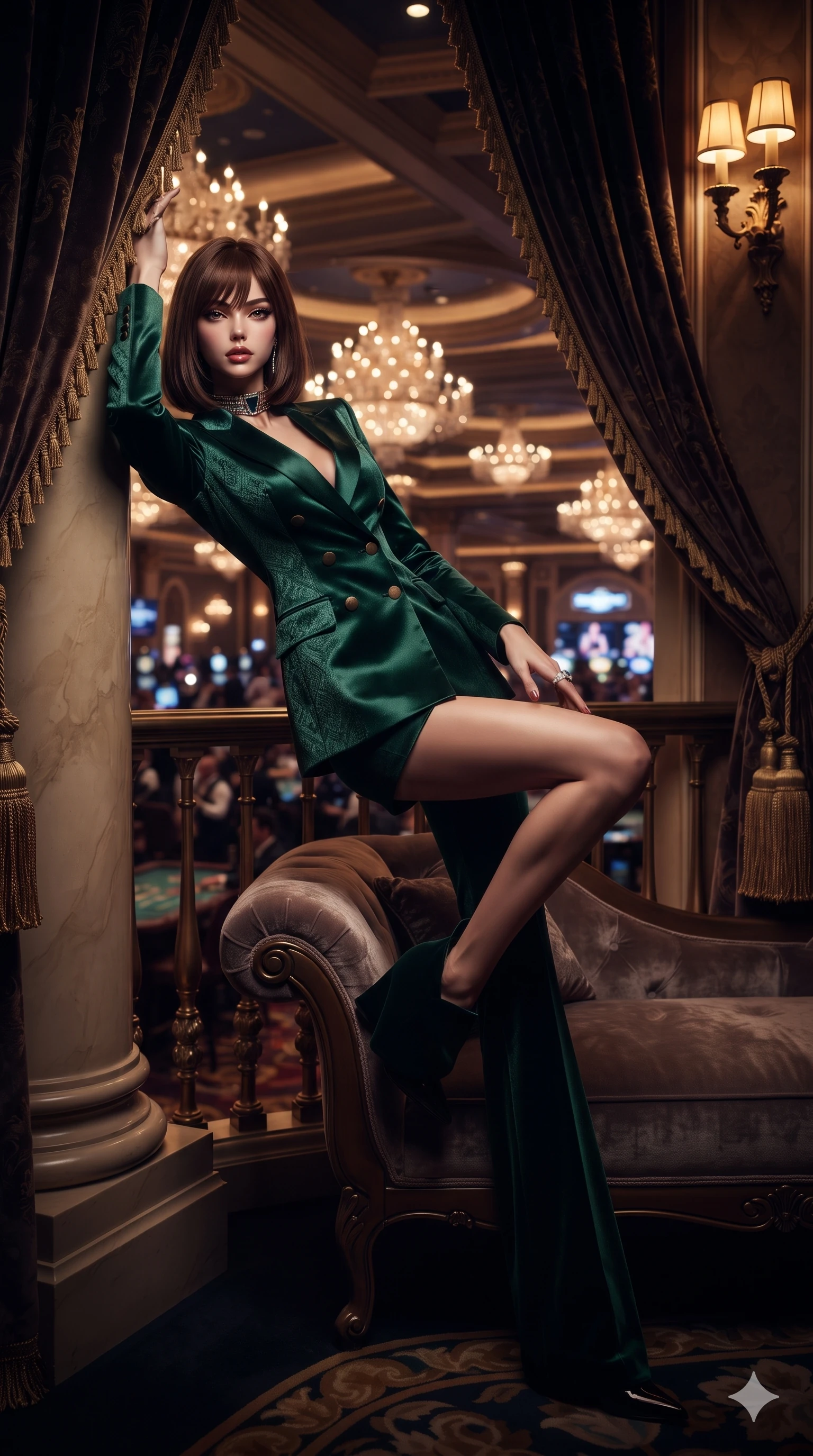 score_9, masterpiece, best quality, ultra-detailed, high-budget anime keyframe, editorial fashion photography, tasteful artistic composition, Caucasian woman. low angle full-body shot from head to toe showing her feet, filling the entire 9:16 vertical frame with her statuesque presence, stretching her vertical silhouette. standing tall beside the architectural column, one hand resting high while arching her lower back to emphasize her sculpted feminine hips and slender waist while lounging languidly across the plush velvet chaise with one knee drawn up, displaying her long slender leg line and flat midriff with effortless siren poise. The composition keeps background elements in soft focus with creamy bokeh: sprawling chandelier-lit casino floor below, ornate velvet draperies with golden tassels, and distant gaming chatter blurred into topaz, gold, and burgundy bokeh. She has an exceptionally tall and slender model-like 8.5-heads proportion, an ultra-slim waist, a flat toned midriff, narrow delicate ribcage, and beautifully sculpted feminine hips creating a graceful, slim hourglass silhouette without any bulky heaviness, with impossibly long slender legs. sharp v-shaped jawline, high-bridge nose, intricate jewel-like eyes with depth, thick eyelashes, glossy parted lips with a natural sheen, intensely captivating and seductive bedroom-eyes expression, flawlessly proportioned anatomical accuracy, strict slender model proportions, natural body alignment, perfectly sculpted long slender limbs, ultra-slim waistline, clean dynamic posture without body distortion. wearing a bespoke tailored satin pantsuit with a double-breasted structured blazer and pressed wide-leg trousers in emerald velvet and antique brass, woven from structured carbon-fiber jacquard with rich textural depth, complemented by a bold geometric choker and sparkling cocktail ring, the impeccably tailored cut draping gracefully along her slender figure with aristocratic poise. bathed in dramatic moody rim lighting from the grand hall below contrasted with intimate warm balcony sconce light. ultra-reflective glossy finish, specular highlights, rich textural contrasts, high-contrast stereoscopic depth, volumetric dynamic lighting, 2k, ultra detail, master piece, 9:16 ratio