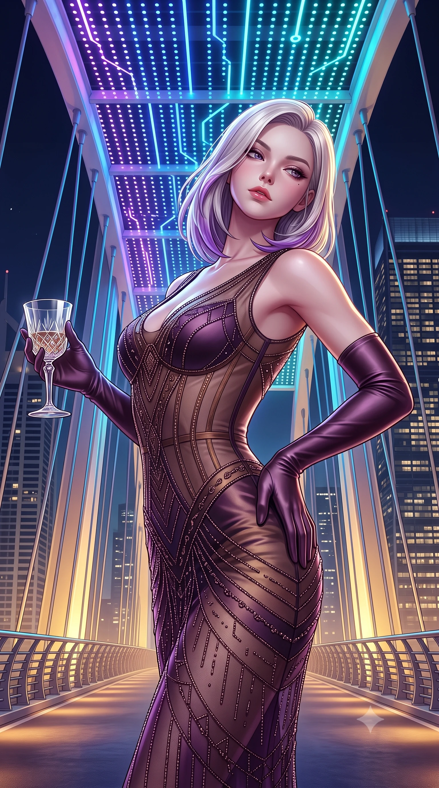 score_9, masterpiece, best quality, ultra-detailed, high-budget anime keyframe, semi-realistic 3D game render, editorial fashion photography, tasteful artistic composition, Caucasian woman. close-up cowboy shot from the waist and thighs up, the character dominates the composition, filling the frame with her large presence. arching her spine backward with effortless dancer poise, one hand sliding along her hip line as directional light carves specular highlights along her silhouette while standing poised at the center of the illuminated suspension bridge, twisting her slender torso in an alluring S-curve while looking toward the Marina skyline. The surrounding environment is rendered in vivid detail and crisp panoramic clarity. detailed high-tech fabric sheen, LED circuit lines, and distant skyscraper window grids in high resolution. She has an exceptionally elegant, slender, and willowy female figure with an ultra-slim waist, flat toned midriff, narrow ribcage, and sculpted feminine hips creating an alluring, slim hourglass silhouette without bulk. sharp v-shaped jawline, high-bridge nose, intricate jewel-like eyes with depth, thick eyelashes, glossy parted lips with a natural sheen, intensely captivating and seductive bedroom-eyes expression, flawlessly proportioned anatomical accuracy, strict slender model proportions, natural body alignment, perfectly sculpted long slender limbs, ultra-slim waistline, clean dynamic posture without body distortion. wearing a sheer vintage mesh flapper dress adorned with intricate geometric beadwork over an opaque silk slip in deep plum violet and antique bronze, made of fluid silk crepe with delicate inner corsetry boning, accessorized with opera-length satin gloves and a vintage crystal glass, the liquid-tight tailored fabric clinging flawlessly to her narrow waist and rounded feminine hips, emphasizing every millimeter of her sculpted slim hourglass curves without any bulky heaviness. bathed in dynamic color-shifting LED canopy lights from above and ambient city skyline uplights. highly saturated vibrant anime colors, detailed shading with soft gradients, rich glossy textures, high-contrast stereoscopic depth, volumetric dynamic lighting, master piece, 9:16 ratio