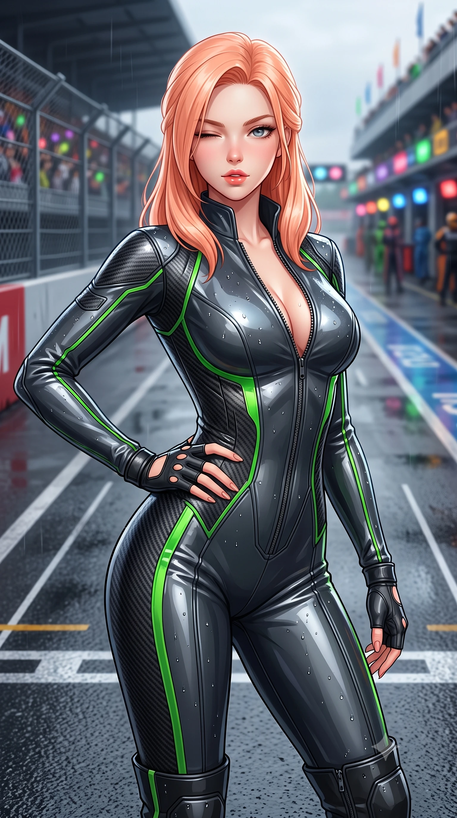 score_9, masterpiece, best quality, ultra-detailed, high-budget anime keyframe, semi-realistic 3D game render, editorial fashion photography, tasteful artistic composition, Japanese woman. close-up cowboy shot from the waist and thighs up, the character dominates the composition, filling the frame with her large presence. arching her spine in an alluring serpentine S-curve, one hand resting on her waist with parted glossy lips and an intensely magnetic gaze while pivoting sharply with supermodel momentum on the wet tarmac, a playful wink breaking across her radiant face. The surrounding environment is rendered in vivid detail and crisp panoramic clarity. crisp starting grid painted lines, rain droplet beads on leather jacket, and circuit fencing in deep focus. She has an exceptionally elegant, slender, and willowy female figure with an ultra-slim waist, a gracefully sculpted slender torso, toned flat midriff, and a refined slim silhouette. sharp v-shaped jawline, high-bridge nose, intricate jewel-like eyes with depth, thick eyelashes, glossy parted lips with a natural sheen, intensely captivating and seductive expression, flawlessly proportioned anatomical accuracy, strict slender model proportions, natural body alignment, perfectly sculpted long slender limbs, ultra-slim waistline, clean dynamic posture without body distortion. wearing a high-gloss patent leather racing catsuit with an open front zipper and high stand collar in dark carbon grey and laser green accents, tailored from abrasion-resistant Kevlar weave with glossy protective panels, accessorized with bold platform racing boots and fingerless leather gloves, the glove-like aerodynamic second-skin fit tightly clinging to her ultra-slender waist and athletic curves without adding bulk, accentuating her razor-sharp statuesque lines and slim hourglass silhouette. surrounded by an adrenaline-fueled, audacious, and wildly charismatic drift idol aura. highly saturated vibrant anime colors, detailed shading with soft gradients, rich glossy textures, high-contrast stereoscopic depth, volumetric dynamic lighting, master piece, 9:16 ratio