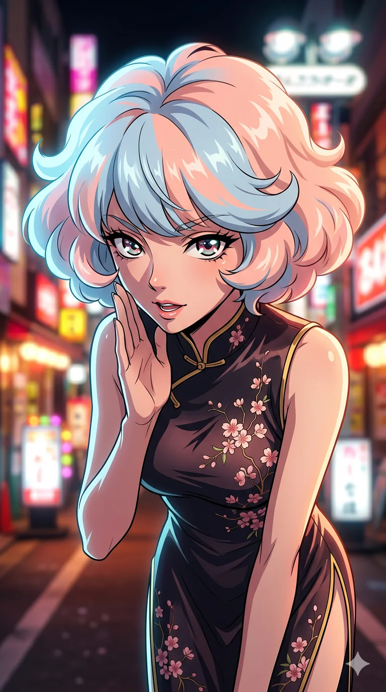 score_9, masterpiece, best quality, ultra-detailed, high-budget anime keyframe, vibrant colors and expressive line art, an incredibly beautiful Japanese woman. Medium shot of upper body focusing on her alluring and cute features and her cotton-candy hair with fluffy textures of light blue and soft peach, filling the vertical 9:16 frame. She is whispering a secret while leaning forward towards the camera. She has a sharp v-shaped jawline, high-bridge nose, intricate jewel-like eyes, thick eyelashes, and glossy lips. She possesses an absolutely perfect 8-heads proportion and a slim-fit silhouette. She is wearing a silk qipao-inspired modern top with a dangerously high side slit, highlighting her alluring silhouette. a neon-lit Harajuku street at night with vibrant bokeh lights, dramatic rim lighting, cinematic shadows, 2k, ultra detail, master piece, 9:16 ratio