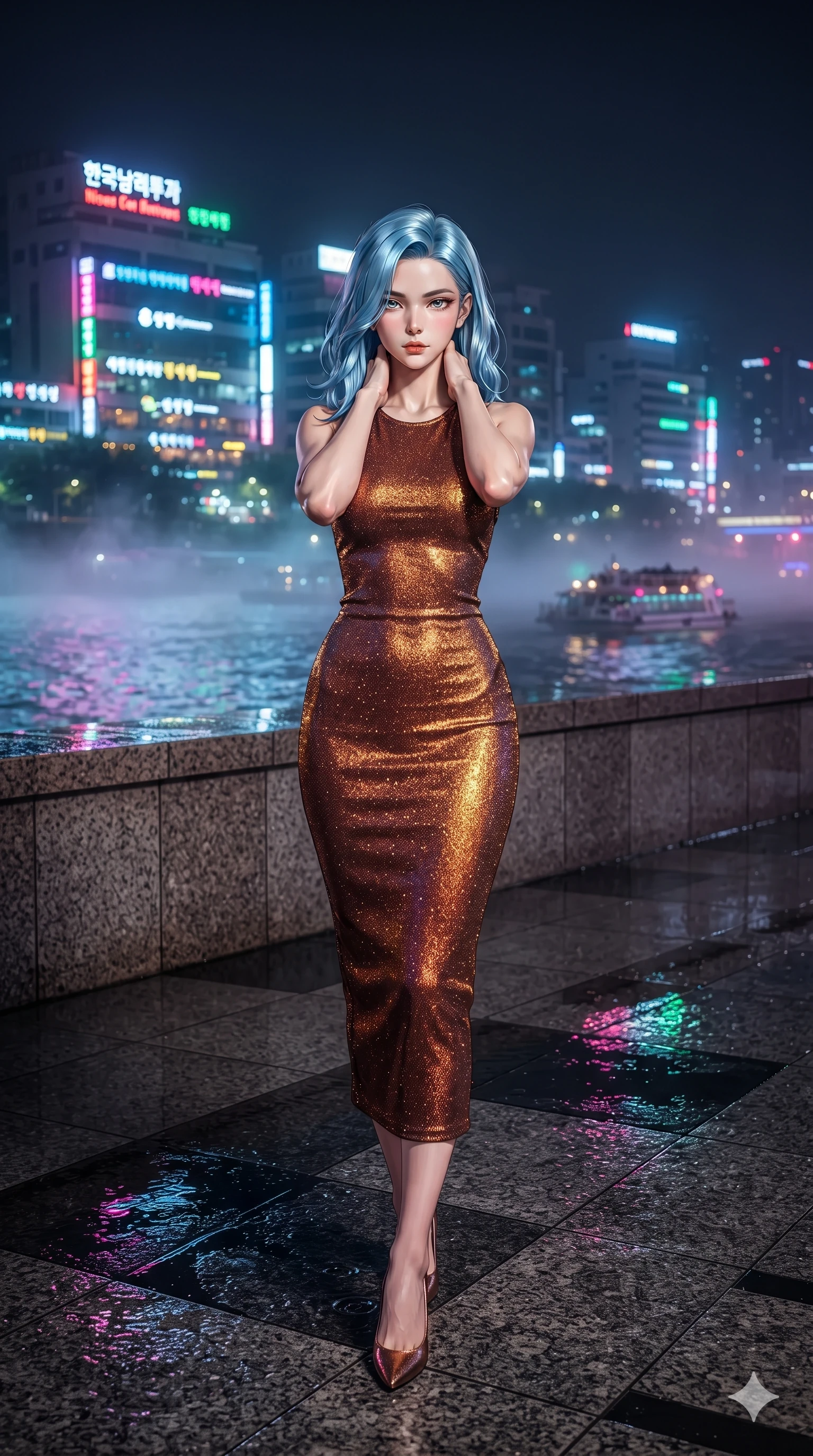 score_9, masterpiece, best quality, ultra-detailed, high-budget anime keyframe, editorial fashion photography, tasteful artistic composition, Korean woman. close-up cowboy shot from the waist and thighs up, the character dominates the composition, filling the frame with her large presence. resting both hands lightly behind her neck with elbows raised, arching her spine to highlight her narrow waist, flat midriff, and breathtaking collarbones while standing tall and poised against the granite river parapet, arching her lower back with sovereign supermodel grace as river mist catches the neon glow. The surrounding environment is rendered in vivid detail and crisp panoramic clarity: sharp water puddle reflection ripples on black granite tiles, crisp raindrop speculars on stone, and neon tube glass details in deep focus. She has an exceptionally elegant, slender, and willowy female figure with an ultra-slim waist, flat toned midriff, narrow ribcage, and sculpted feminine hips creating an alluring, slim hourglass silhouette without bulk. sharp v-shaped jawline, high-bridge nose, intricate jewel-like sparkling eyes with depth, thick eyelashes, glossy parted lips with a natural sheen, intensely captivating and seductive bedroom-eyes expression, exuding both youthful cute charm and sovereign luxury allure, flawlessly proportioned anatomical accuracy, strict slender model proportions, natural body alignment, perfectly sculpted long slender limbs, ultra-slim waistline, clean dynamic posture without body distortion. wearing a body-contouring metallic lurex knit column dress casting radiant starlight shimmer across her flat midriff in rich copper bronze and warm amber, woven from stretch metallic lurex jersey casting radiant starlight glints across her curves, accented with a delicate gold chain belt resting loosely on her curvy hips, the bespoke structured tailoring following the natural line of her 8.5-heads silhouette with refined elegance. illuminated by rain puddle bounce and sharp scarlet-violet rim lights sculpting her razor-sharp jawline, narrow waist, and curvy hips. ultra-reflective glossy finish, specular highlights, rich textural contrasts, high-contrast stereoscopic depth, volumetric dynamic lighting, 2k, ultra detail, master piece, 9:16 ratio