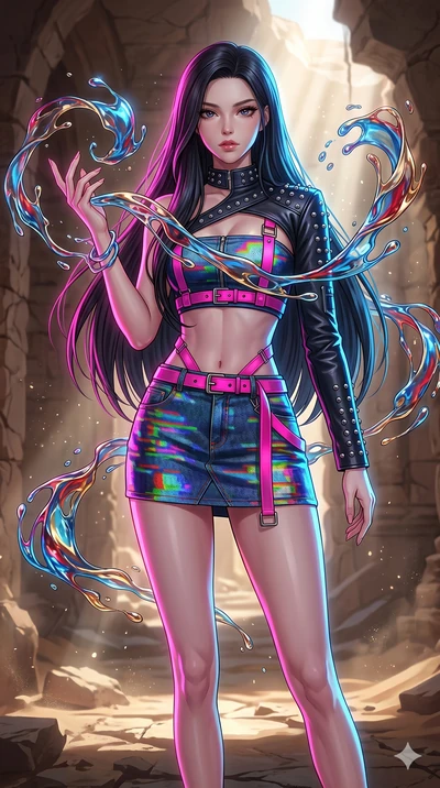 score_9, masterpiece, best quality, ultra-detailed, high-budget anime keyframe, Japanese woman. upper body close-up from the thighs up, character filling the screen for maximum presence. interacting with liquid stained-glass that melts and swirls in 