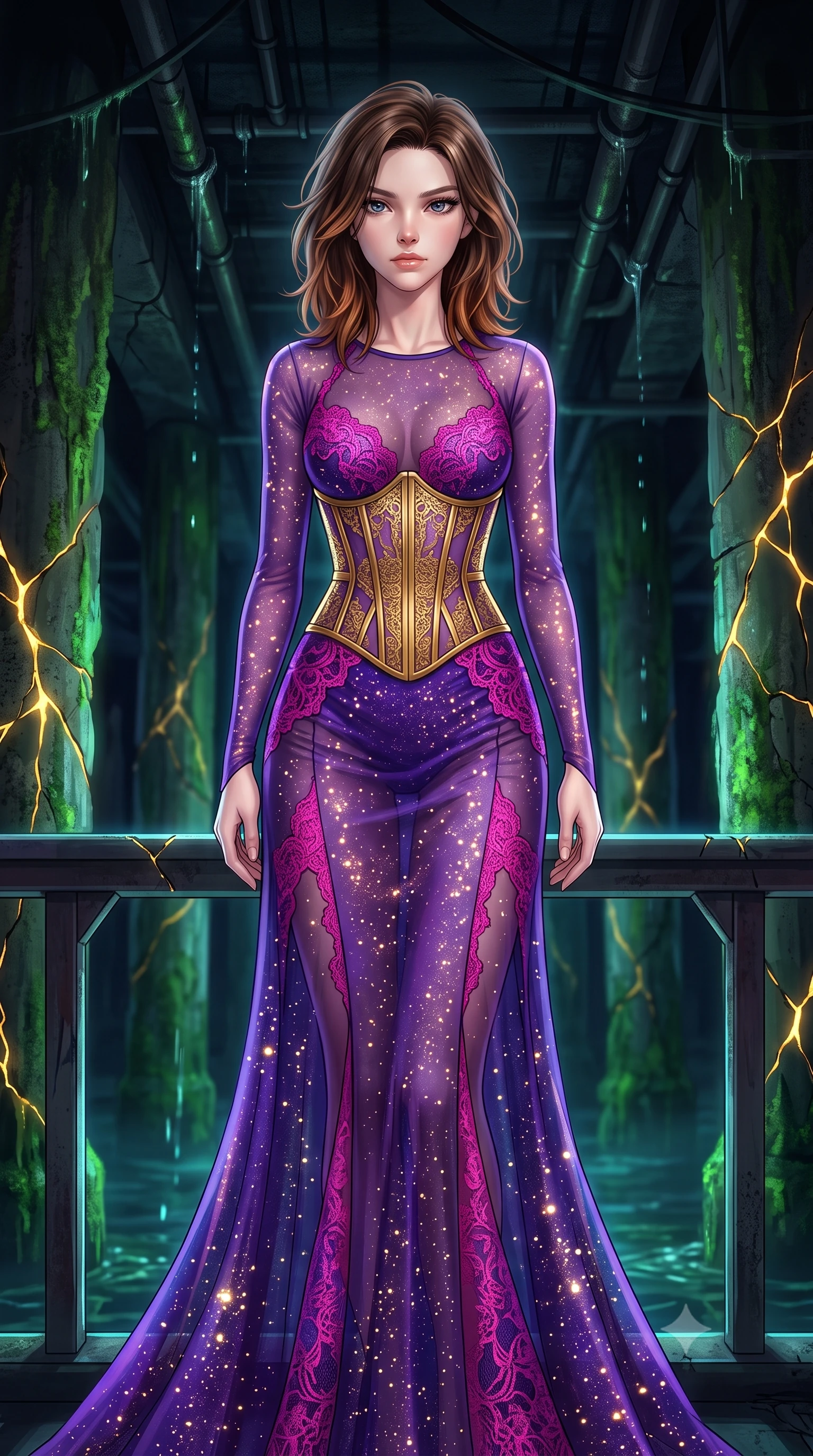 score_9, masterpiece, best quality, ultra-detailed, high-budget anime keyframe, editorial fashion photography, tasteful artistic composition, Korean woman. close-up cowboy shot from the waist and thighs up, the character dominates the composition, filling the frame with her large presence, background elements kept in soft focus. Standing proud on the bridge, looking down at the viewer with quiet authority and a cold composure. set against a soft-focus background of a dark reservoir inside a slum, glowing algae growing on concrete pillars, water dripping from the ceiling. She has an exceptionally elegant and slender, willowy female figure with an ultra-slim waist, a gracefully sculpted slender torso, and a refined slim physique. sharp v-shaped jawline, high-bridge nose, intricate jewel-like eyes with depth, thick eyelashes, glossy lips with a natural sheen. wearing catching and diffusing the glowing particles, shimmering softly in response to the surrounding light, a slim-fit floor-length sheer gown in royal purple, featuring strategic fuchsia lace placement and a structured gold corset. highly saturated vibrant anime colors, intense vivid color palette, soft 3D volumetric shading, volumetric dynamic lighting, glowing kintsugi gold light radiating from cracks in the environment creating a majestic inner glow. 2k, ultra detail, master piece, 9:16 ratio