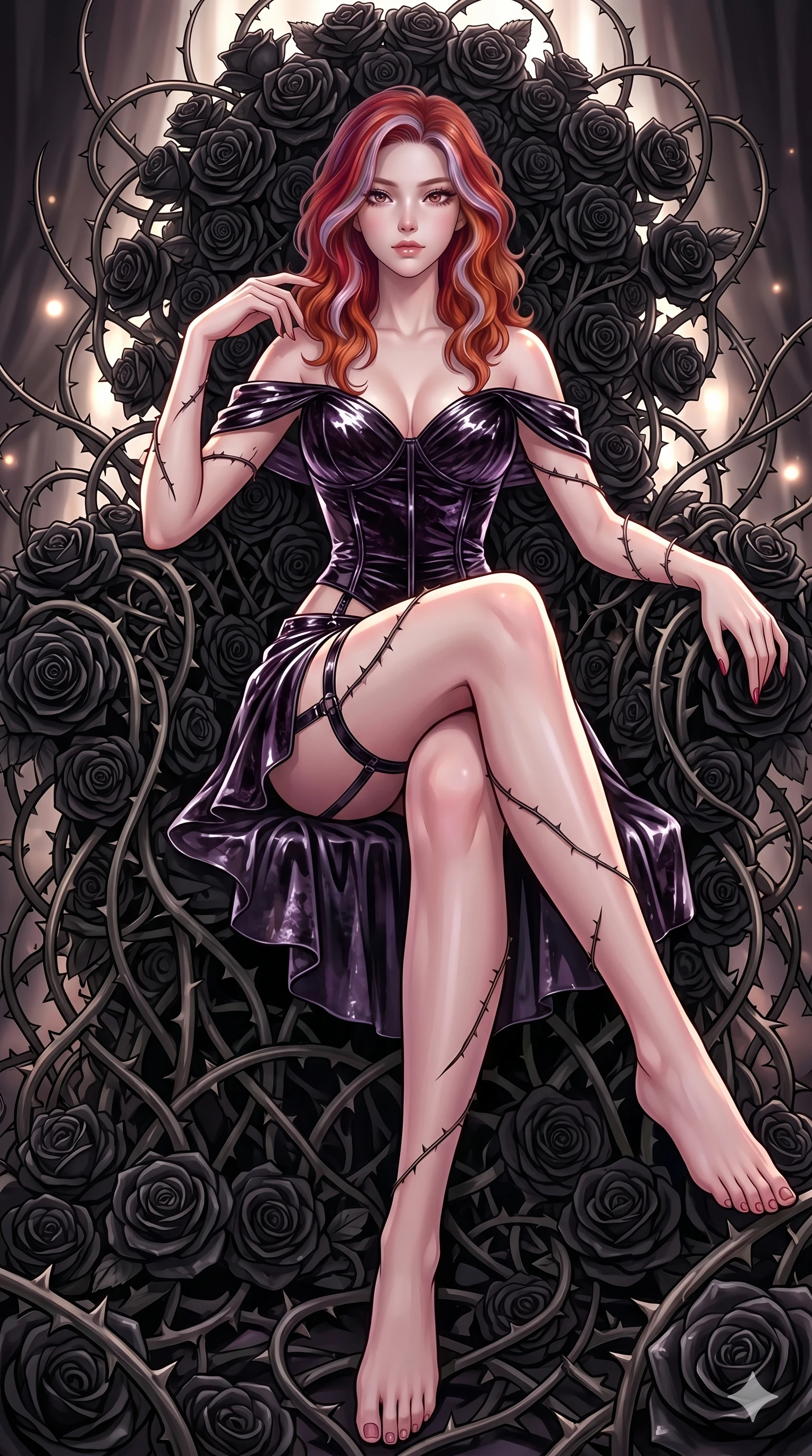 score_9, masterpiece, best quality, ultra-detailed, High-budget Anime Keyframe, East Asian woman. Dynamic full-body shot stretching the vertical silhouette to the limit. Scenario 60: Resting on a throne of black roses, thorns grazing her skin. Her presence is magnetic and overpowering in this high-budget anime scene. Outfit 60: A crushed dark velvet garter with a low-cut shoulder and wet-look texture. The clothing is designed to emphasize her exceptionally tall and slender 8-heads proportion. 8-heads proportion, towering silhouette, ultra-slim waist. sharp v-shaped jawline, intricate jewel-like eyes with depth, thick eyelashes, glossy lips. 2k, ultra detail, master piece, 9:16 ratio