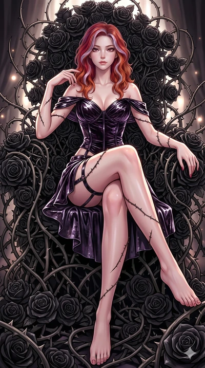 score_9, masterpiece, best quality, ultra-detailed, High-budget Anime Keyframe, East Asian woman. Dynamic full-body shot stretching the vertical silhouette to the limit. Scenario 60: Resting on a throne of black roses, thorns grazing her skin. Her pr