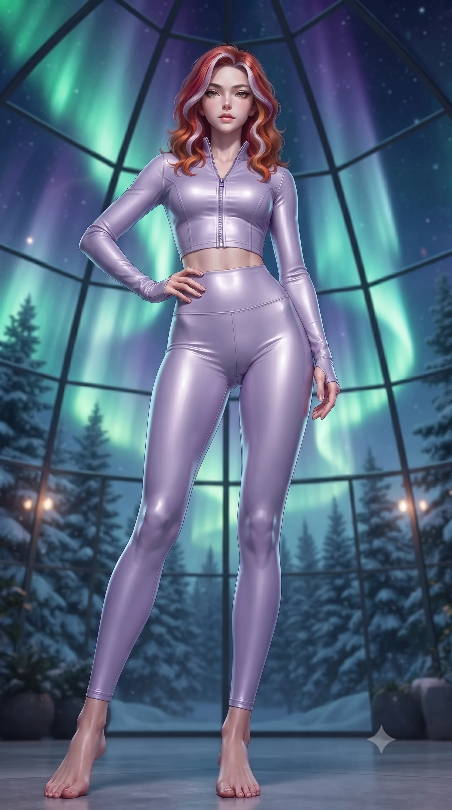 score_9, masterpiece, best quality, ultra-detailed, high-budget anime keyframe, editorial fashion photography, tasteful artistic composition, Caucasian woman. low angle full-body shot from head to toe showing her feet, filling the entire 9:16 vertical frame with her statuesque presence, stretching her vertical silhouette. posing confidently with one hand on her hip, stretching her statuesque body to emphasize her curves the background shows a soft-focus a glass dome botanical garden facing snowy pine woods during aurora borealis. She has an absolutely perfect, statuesque 8.5-heads proportion, an exceptionally tall and slender model-like female figure with impossibly long slender legs and an ultra-slim waist. sharp v-shaped jawline, high-bridge nose, intricate jewel-like eyes with depth, thick eyelashes, glossy lips with a natural sheen. wearing a body-hugging body-hugging activewear set of a tailored zip-up long-sleeve crop top and matching high-waisted leggings in soft lavender. soft green and violet aurora polaris curtains wrapping the dome in a celestial glow. ultra-reflective glossy finish, specular highlights, metallic sheen, high-contrast stereoscopic depth, volumetric dynamic lighting, 2k, ultra detail, master piece, 9:16 ratio