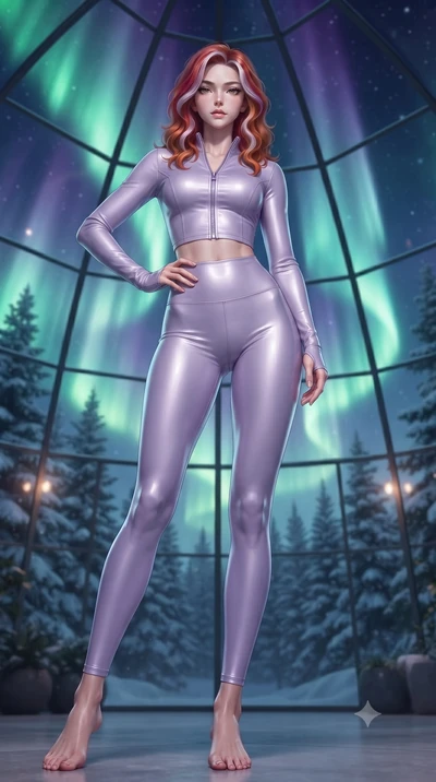 score_9, masterpiece, best quality, ultra-detailed, high-budget anime keyframe, editorial fashion photography, tasteful artistic composition, Caucasian woman. low angle full-body shot from head to toe showing her feet, filling the entire 9:16 vertica
