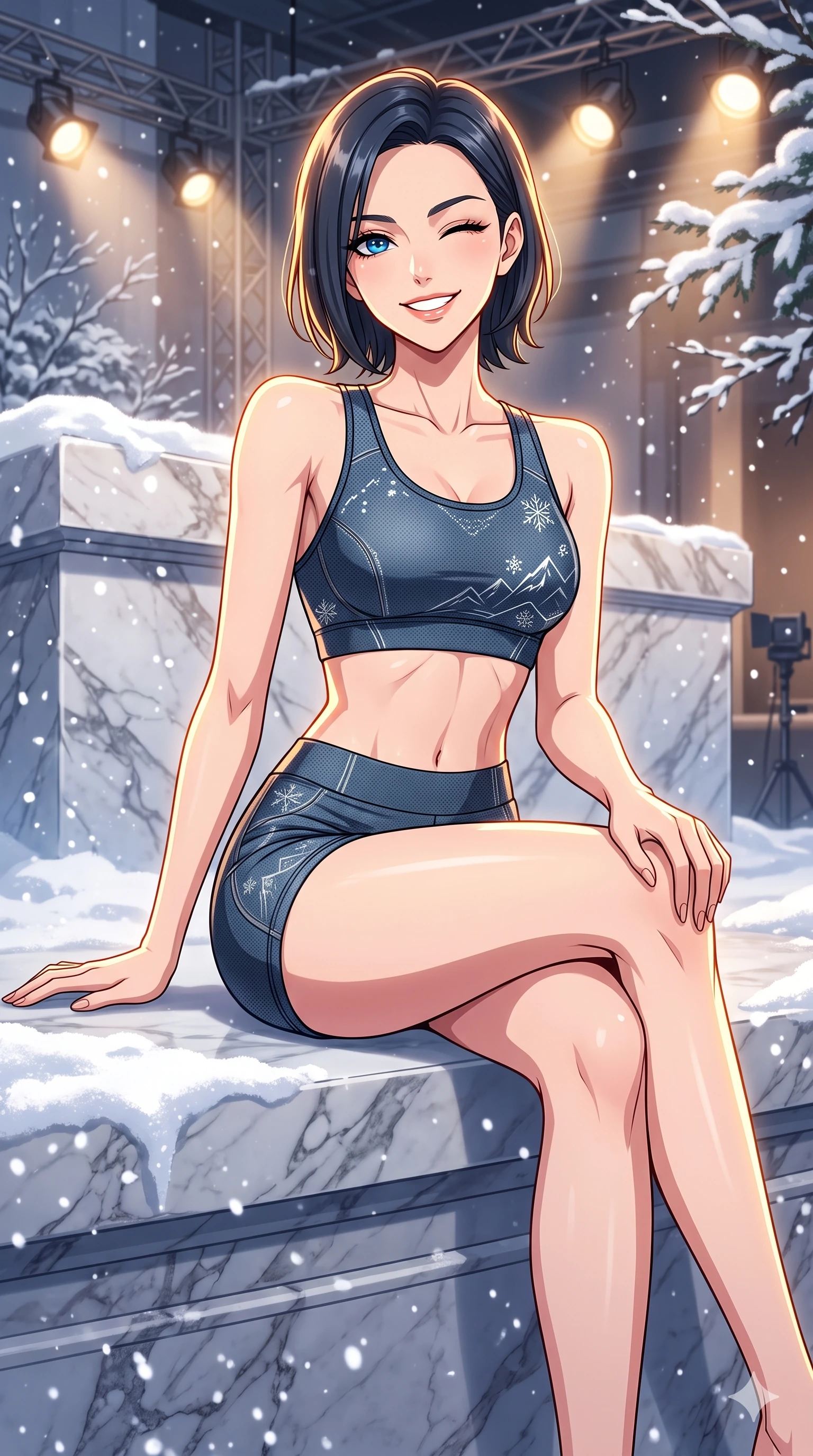 score_9, masterpiece, best quality, ultra-detailed, high-budget anime keyframe, vibrant anime aesthetic, Korean woman. cowboy shot from the thighs up, character and outfit filling the frame for maximum presence. She is sitting on a marble ledge, winking and smiling cheerfully at the viewer in snow inside a high-fashion set with warm spotlights (Code-P21-114). She has an absolutely perfect 8-heads proportion, an exceptionally tall and slender female figure with impossibly long slender legs and an ultra-slim waist. V-shaped jawline, high-bridge nose, intricate jewel-like eyes with depth, thick eyelashes, glossy lips with a natural sheen. wearing a skin-tight activewear set with sports bra and micro-shorts in winter. She is intense warm winter rim lights, outlining her 8-heads proportion and V-shaped jawline. 2k, ultra detail, master piece, 9:16 ratio