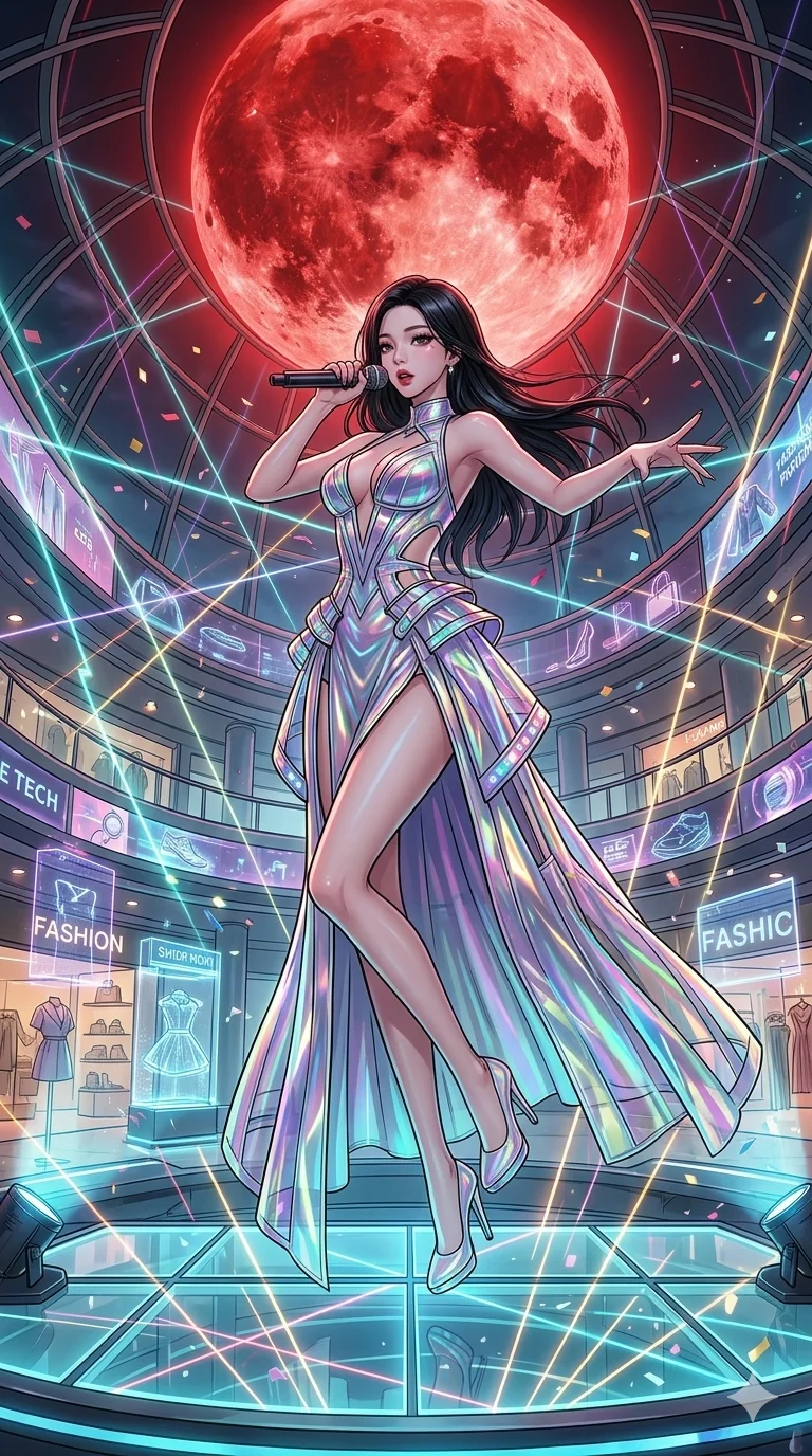 score_9, masterpiece, best quality, ultra-detailed, high-budget anime movie keyframe, cinematic anime lighting, intricate line art, Japanese woman. Upper body filling screen focusing on her alluring features and slim-fit silhouette. singing on a laser stage in a holographic shopping mall under a blood moon. She has an absolutely perfect 8-heads proportion, an exceptionally tall and slender female figure with an ultra-slim waist and impossibly long slender legs. sharp v-shaped jawline, high-bridge nose, intricate jewel-like eyes, thick eyelashes, glossy lips. Wearing avant-garde high-fashion gown made of iridescent vinyl with a dangerously high side slit and a plunging neckline, revealing an ultra-slim waist and long slender legs. The scene is illuminated by dramatic atmospheric lighting and vibrant color palettes. , 2k, ultra detail, master piece, 9:16 ratio