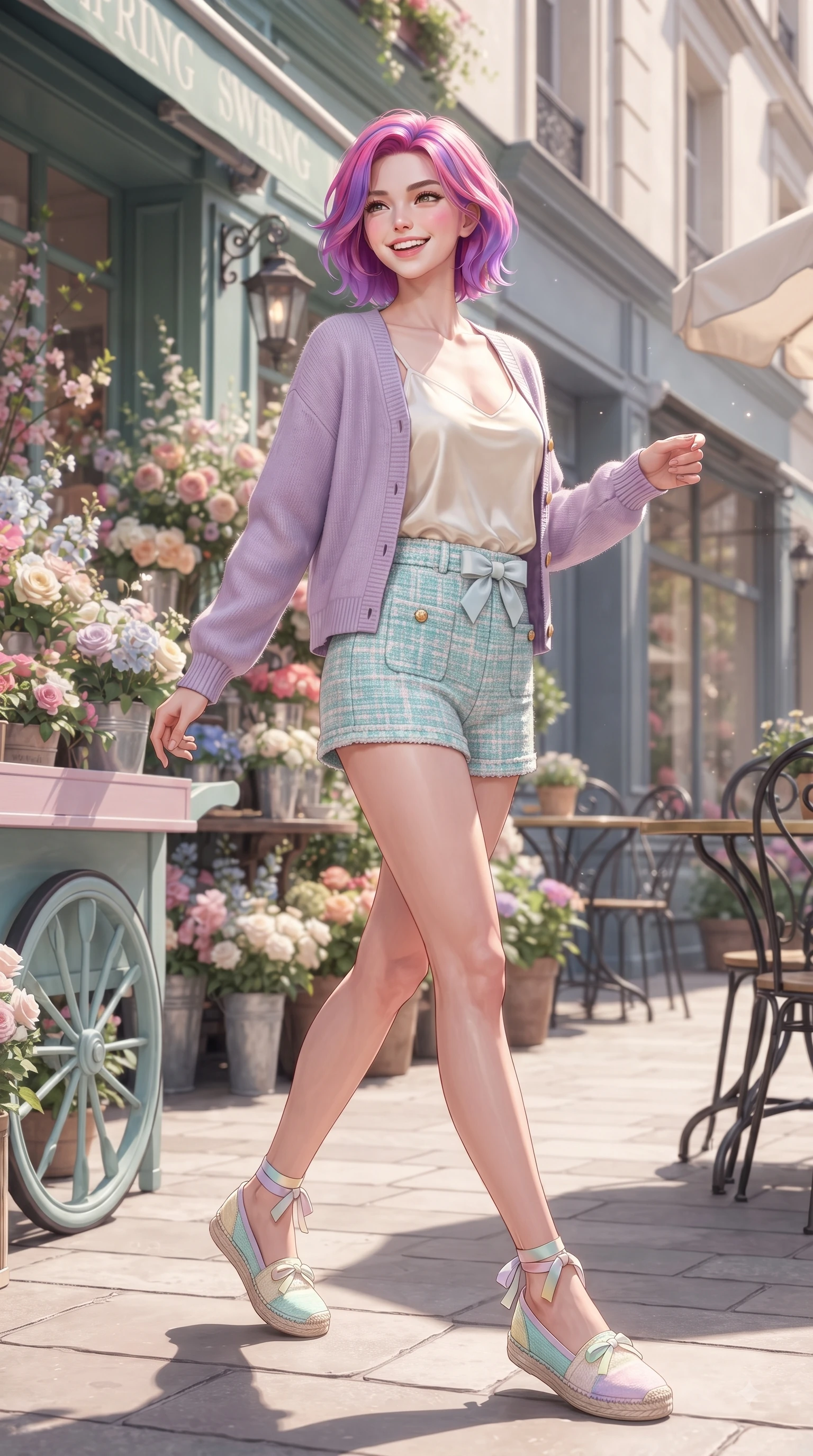 score_9, masterpiece, best quality, ultra-detailed, high-budget anime keyframe, editorial fashion photography, tasteful artistic composition, Caucasian woman. low angle full-body shot from head to toe showing her feet, filling the entire 9:16 vertical frame with her statuesque presence, stretching her vertical silhouette. stepping forward gracefully in mid-motion with a delighted cute expression, displaying her statuesque model proportions while pivoting playfully near a pastel flower cart holding a bouquet of colorful tulips with a beaming smile. The surrounding environment is rendered in vivid detail and crisp panoramic clarity. intricate floral shop displays, wrought-iron cafe chairs, and crisp architectural details rendered in vivid clarity. She has an absolutely perfect, statuesque 8.5-heads proportion, an exceptionally tall and slender model-like female figure with impossibly long slender legs and an ultra-slim waist. sharp v-shaped jawline, high-bridge nose, intricate jewel-like eyes with depth, thick eyelashes, glossy lips with a natural sheen, flawlessly proportioned anatomical accuracy, natural body alignment, perfectly sculpted elegant limbs, clean dynamic posture without body distortion. wearing a soft lavender knit cardigan worn over a simple cream silk camisole and light-wash denim shorts in ocean turquoise and sea-salt white, tailored from soft pastel tweed with subtle metallic thread, accented with a dainty waist ribbon bow, the relaxed yet flattering fit accentuating her naturally graceful and slender figure. surrounded by a fresh, uplifting, and romantic spring street ambiance. ultra-reflective glossy finish, specular highlights, metallic sheen, high-contrast stereoscopic depth, volumetric dynamic lighting, 2k, ultra detail, master piece, 9:16 ratio