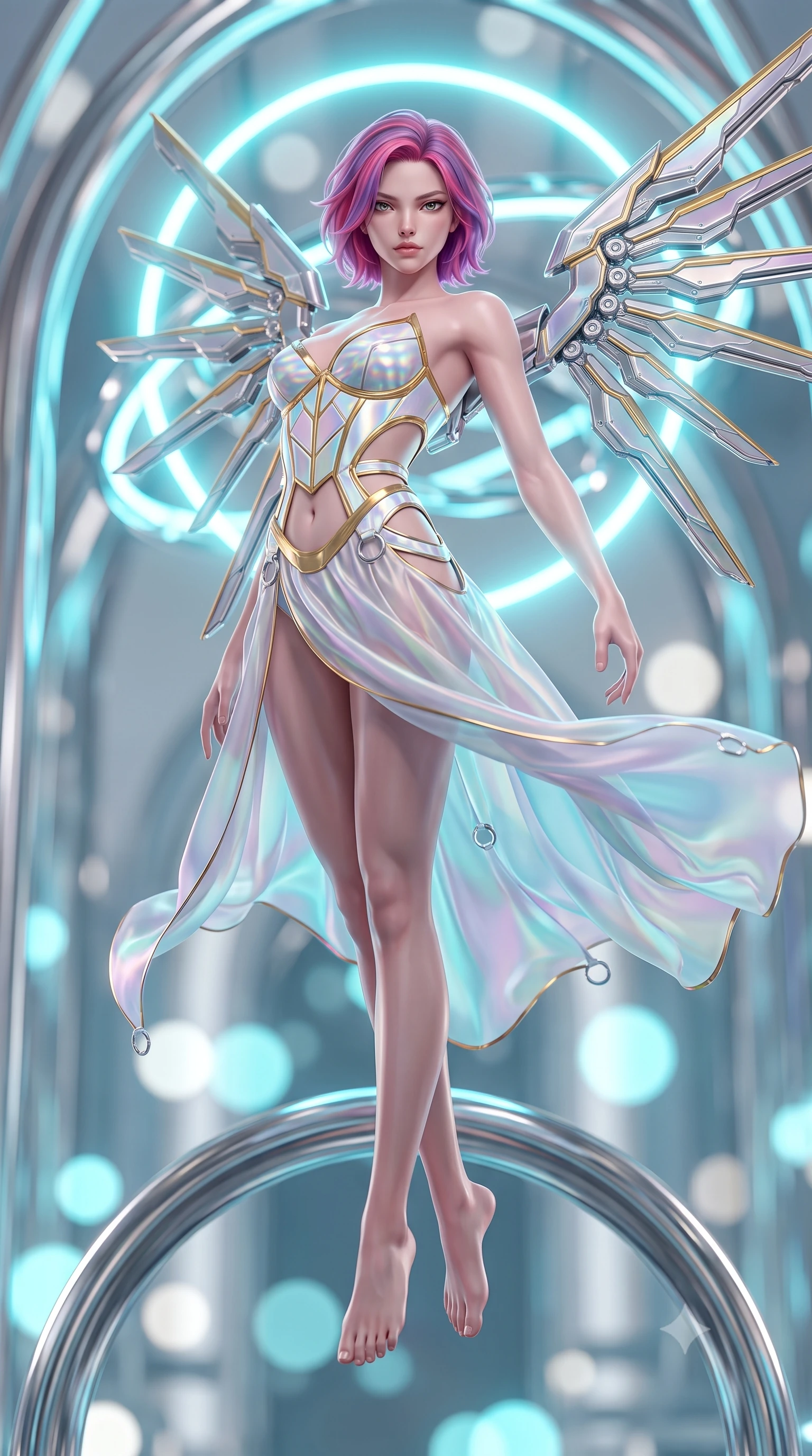 score_9, masterpiece, best quality, ultra-detailed, high-budget anime keyframe, semi-realistic 3D game render, editorial fashion photography, tasteful artistic composition, Caucasian woman. low angle full-body shot from head to toe showing her feet, filling the entire 9:16 vertical frame with her statuesque presence, stretching her vertical silhouette. performing an alluring mid-air vault with flawless poise, looking directly into the camera with regal, divine intensity while arching her spine in a fluid stretch with sovereign grace as mechanical chrome wings expand gracefully behind her statuesque torso. The composition keeps background elements in soft focus with creamy bokeh. soaring polished chrome arches and rotating neon halo rings blurred into luminous cyan and platinum bokeh. She has an absolutely perfect, statuesque 8.5-heads proportion, an exceptionally tall and slender model-like female figure with impossibly long slender legs, a toned flat midriff, and an ultra-slim waist. sharp v-shaped jawline, high-bridge nose, intricate jewel-like eyes with depth, thick eyelashes, glossy lips with a natural sheen, flawlessly proportioned anatomical accuracy, strict slender model proportions, natural body alignment, perfectly sculpted long slender limbs, ultra-slim waistline, clean dynamic posture without body distortion. wearing a precision-tailored holographic cyber-corset with geometric iridescent plating and an ultra-slim waist-cinching silhouette in pristine liquid pearl white and radiant solar gold trim, made of smooth flowing silk chiffon that shifts colors with movement, detailed with polished silver rings connecting the daring side-waist cutouts, the sleek second-skin cut tightly hugging her graceful clavicle, narrow waist, and feminine curves with athletic precision. bathed in brilliant neon cyan halo backlighting and polished chrome surface reflections. rich saturated anime colors with glowing neon highlights, detailed shading with soft gradients, rich glossy textures, high-contrast stereoscopic depth, volumetric dynamic lighting, master piece, 9:16 ratio