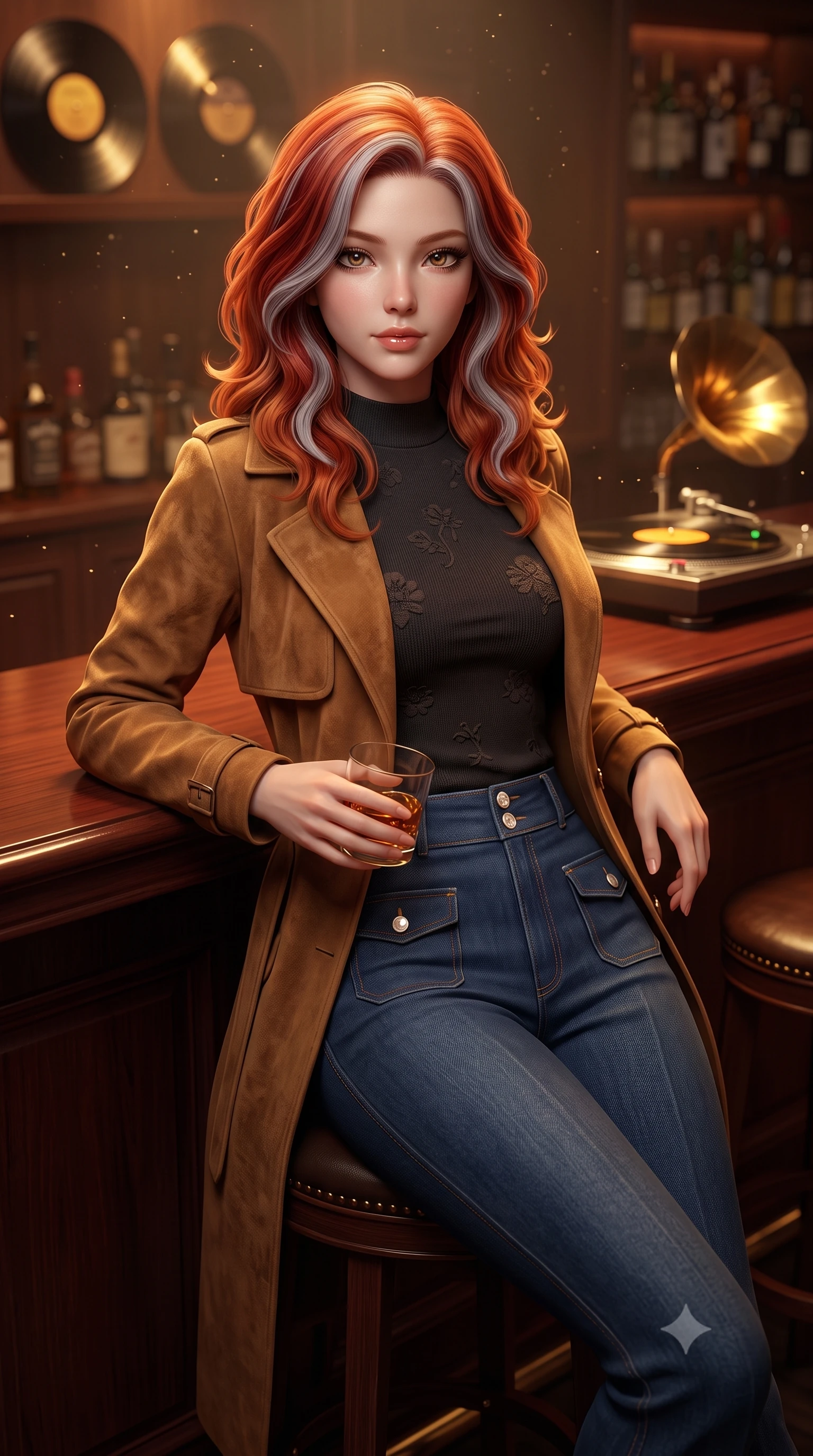score_9, masterpiece, best quality, ultra-detailed, high-budget anime keyframe, semi-realistic 3D game render, editorial fashion photography, tasteful artistic composition, Caucasian woman. close-up cowboy shot from the waist and thighs up, the character dominates the composition, filling the frame with her large presence. leaning forward with playful, captivating grace, her sculpted collarbones and slender neckline highlighted by directional light while sitting at the dark mahogany bar counter of an intimate jazz lounge, holding an amber drink with relaxed, classy elegance. The composition keeps background elements in soft focus with creamy bokeh. drifting warm light dust motes and spinning turntable reflections scattering golden glints. She has an exceptionally elegant, slender, and willowy female figure with an ultra-slim waist, a gracefully sculpted slender torso, toned flat midriff, and a refined slim silhouette. sharp v-shaped jawline, high-bridge nose, intricate jewel-like eyes with depth, thick eyelashes, glossy lips with a natural sheen, captivating and magnetic expression, flawlessly proportioned anatomical accuracy, strict slender model proportions, natural body alignment, perfectly sculpted long slender limbs, ultra-slim waistline, clean dynamic posture without body distortion. wearing a stylish retro suede trench coat over a fitted mock-neck knit top and high-waist tailored slacks in vintage camel brown and washed indigo denim, crafted from liquid-smooth silk satin with subtle floral jacquard, finished with polished mother-of-pearl buttons and tailored flap pockets, the form-contouring material adhering flawlessly to her sculpted flat midriff and slender torso, emphasizing her long leg lines and perfectly proportioned willowy build. illuminated by soft directional key light defining her high-bridge nose, glossy lips, and slender neckline. highly saturated vibrant anime colors, detailed shading with soft gradients, rich glossy textures, high-contrast stereoscopic depth, volumetric dynamic lighting, master piece, 9:16 ratio