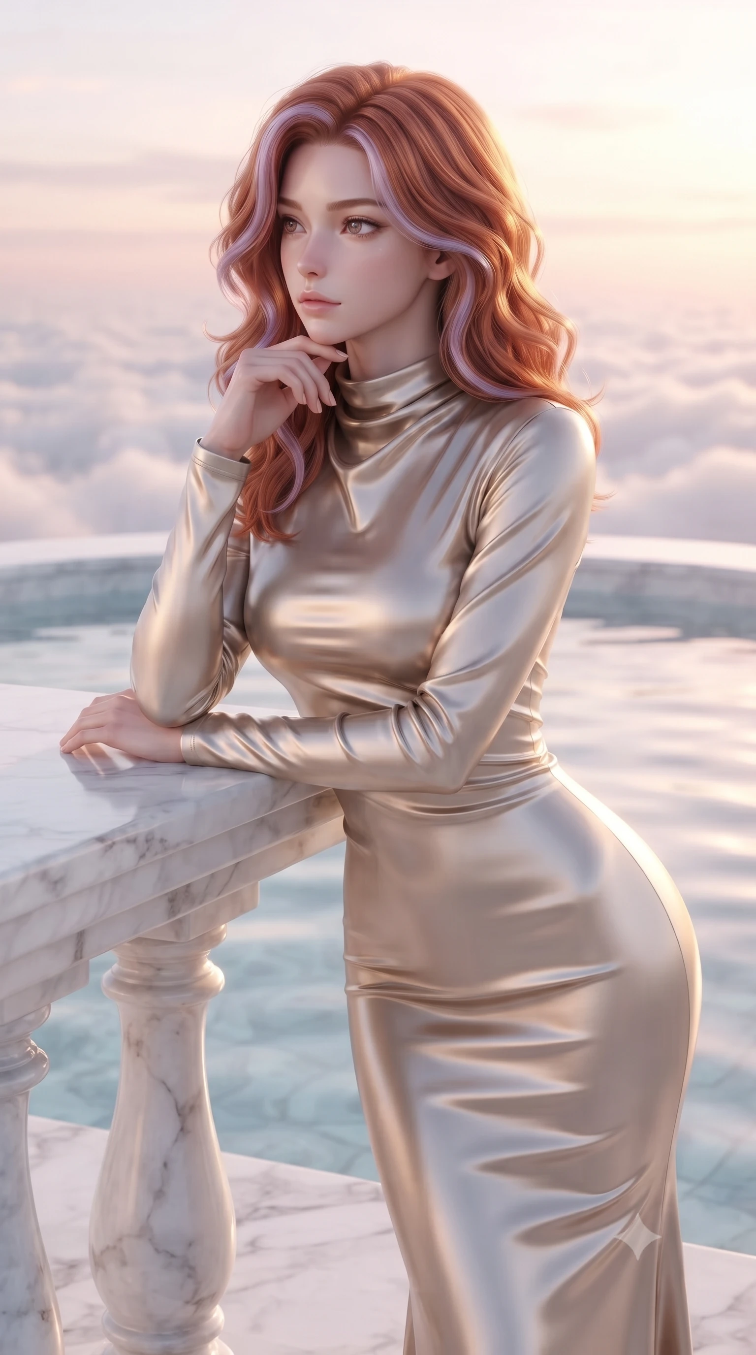 score_9, masterpiece, best quality, ultra-detailed, high-budget anime keyframe, editorial fashion photography, tasteful artistic composition, Caucasian woman woman. close-up cowboy shot from the waist and thighs up, the character dominates the composition, filling the frame with her large presence, background elements kept in soft focus. She has an exceptionally elegant, slender, and willowy female figure with an ultra-slim waist, a gracefully sculpted slender torso, and a refined silhouette. resting her chin on the back of her fingers in a thoughtful and effortless pose, flawlessly proportioned anatomical accuracy, natural body alignment, perfectly sculpted elegant limbs, clean dynamic posture without body distortion. set against a soft-focus background of a white marble terrace pool above a sea of clouds. wearing a sculpted champagne satin bodycon gown following her slender silhouette like liquid metal. bathed in soft pastel dawn light reflecting off clear water onto her refined features. ultra-reflective glossy finish, specular highlights, metallic sheen, high-contrast stereoscopic depth, volumetric dynamic lighting, 2k, ultra detail, master piece, 9:16 ratio