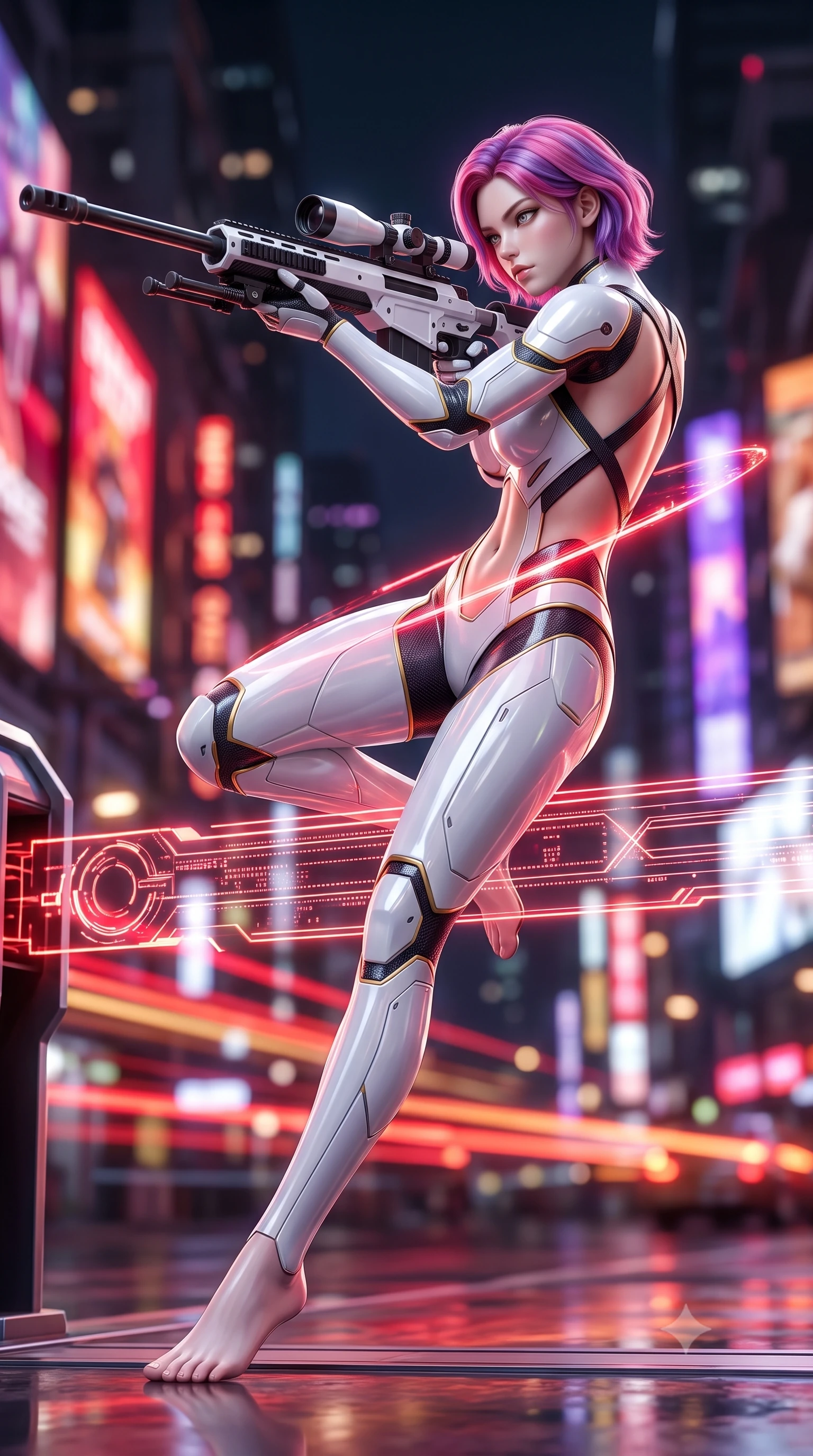 score_9, masterpiece, best quality, ultra-detailed, high-budget anime keyframe, semi-realistic 3D game render, editorial fashion photography, tasteful artistic composition, Caucasian woman. low angle full-body shot from head to toe showing her feet, filling the entire 9:16 vertical frame with her statuesque presence, stretching her vertical silhouette. pivoting dynamically in mid-motion with a breathtakingly alluring posture, displaying her flawless model proportions, toned flat midriff, and ultra-slim waist while arching her spine in a fluid vault over a holographic toll barrier as crimson blade light traces her athletic torso. The composition keeps background elements in soft focus with creamy bokeh. streaking cyber-traffic light trails and giant holographic billboards blurred into dazzling crimson, amber, and violet bokeh. She has an absolutely perfect, statuesque 8.5-heads proportion, an exceptionally tall and slender model-like female figure with impossibly long slender legs, a toned flat midriff, and an ultra-slim waist. sharp v-shaped jawline, high-bridge nose, intricate jewel-like eyes with depth, thick eyelashes, glossy lips with a natural sheen, flawlessly proportioned anatomical accuracy, strict slender model proportions, natural body alignment, perfectly sculpted long slender limbs, ultra-slim waistline, clean dynamic posture without body distortion. wearing a form-contouring arctic white carbon-composite battle-suit with solar gold trim and diagonal midriff vents, aiming a precision carbon-fiber railgun sniper rifle with divine focus in monochrome white enamel carbon with high-contrast black panels, formed from high-gloss patent carbon-plating with specular chiaroscuro reflections, complemented by criss-cross back harness straps highlighting her completely bare spine, the precision-cut daring openings accentuating her delicate midriff, graceful bare collarbones, and ultra-slim feminine waistline. illuminated by sharp specular highlights tracing her ultra-slim waist, long legs, and sculpted armor plates. rich saturated anime colors with glowing neon highlights, detailed shading with soft gradients, rich glossy textures, high-contrast stereoscopic depth, volumetric dynamic lighting, master piece, 9:16 ratio