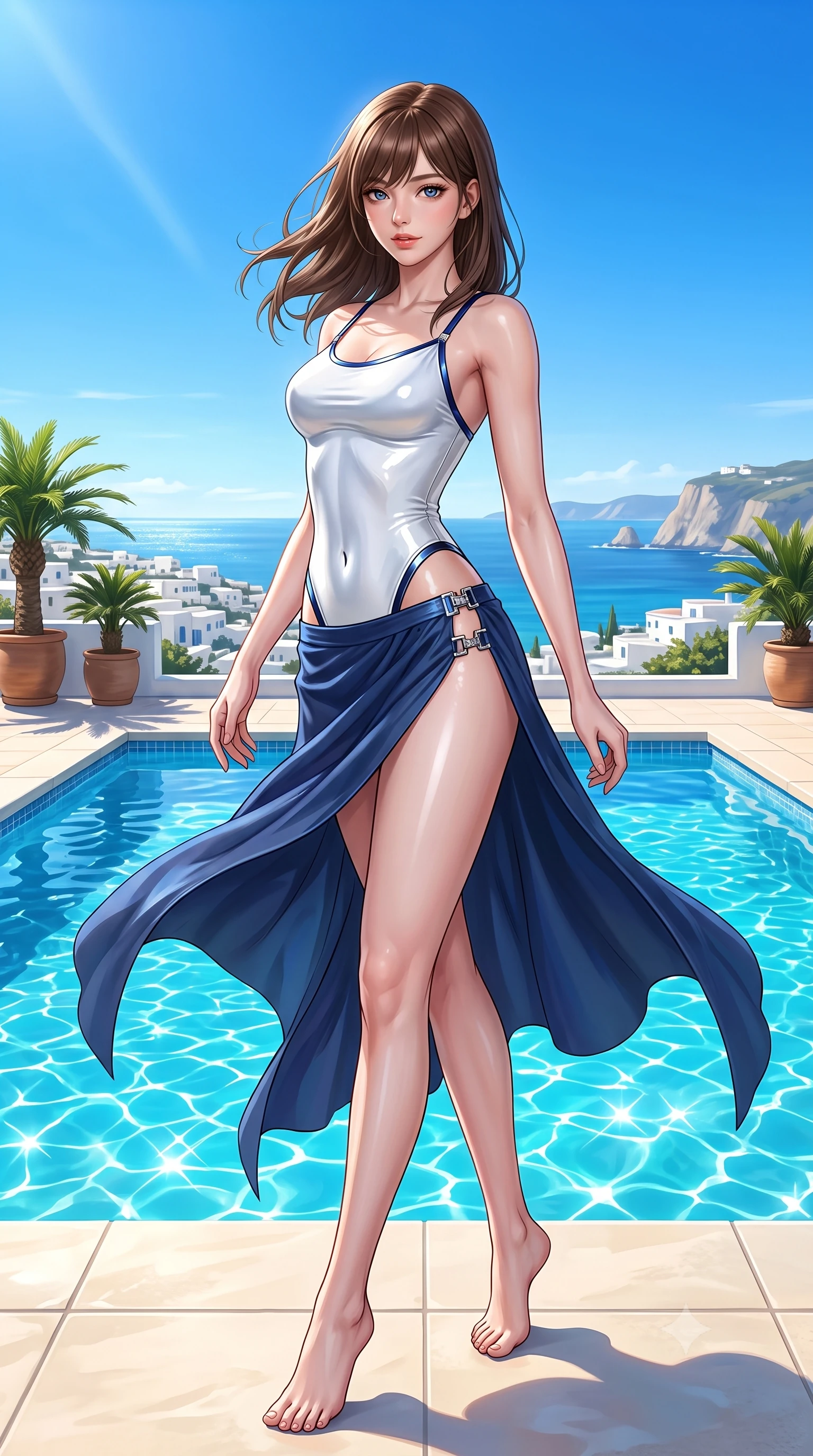score_9, masterpiece, best quality, ultra-detailed, high-budget anime keyframe, semi-realistic 3D game render, editorial fashion photography, tasteful artistic composition, Korean woman. low angle full-body shot from head to toe showing her feet, filling the entire 9:16 vertical frame with her statuesque presence, stretching her vertical silhouette. pivoting dynamically in mid-motion with a breathtakingly alluring posture, displaying her flawless model proportions and ultra-slim waist while arching her spine in a fluid stretch on a sun-drenched pool deck as warm coastal winds billow her draped silk outfit. The surrounding environment is rendered in vivid detail and crisp panoramic clarity. intense natural daylight refractions and panoramic coastal scenery captured with environmental sharpness. She has an absolutely perfect, statuesque 8.5-heads proportion, an exceptionally tall and slender model-like female figure with impossibly long slender legs, a toned flat midriff, and an ultra-slim waist. sharp v-shaped jawline, high-bridge nose, intricate jewel-like eyes with depth, thick eyelashes, glossy lips with a natural sheen, flawlessly proportioned anatomical accuracy, strict slender model proportions, natural body alignment, perfectly sculpted long slender limbs, ultra-slim waistline, clean dynamic posture without body distortion. wearing a second-skin white liquid-mercury micro-bodysuit sculpted tightly to her slender build, featuring razor-thin metallic straps and hip cutouts in deep royal navy blue and specular chrome, formed from high-gloss patent material with specular light reflections, finished with an ultra-high side slit secured by miniature magnetic clasps, the sleek second-skin cut tightly hugging her graceful clavicle, narrow waist, and feminine curves with athletic precision. bathed in brilliant Mediterranean sunlight and glittering turquoise pool water caustics. highly saturated vibrant anime colors, detailed shading with soft gradients, rich glossy textures, high-contrast stereoscopic depth, volumetric dynamic lighting, master piece, 9:16 ratio