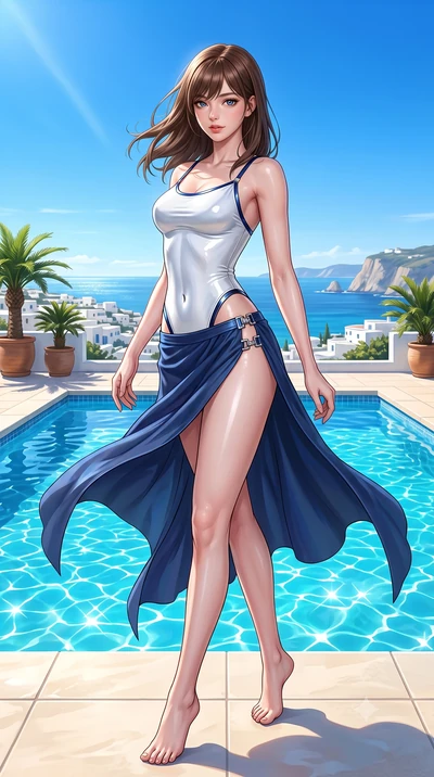 score_9, masterpiece, best quality, ultra-detailed, high-budget anime keyframe, semi-realistic 3D game render, editorial fashion photography, tasteful artistic composition, Korean woman. low angle full-body shot from head to toe showing her feet, fil