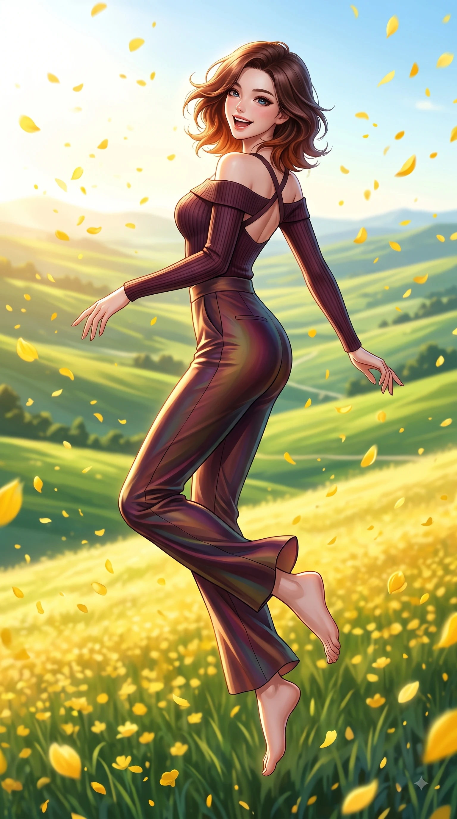 score_9, masterpiece, best quality, ultra-detailed, high-budget anime keyframe, editorial fashion photography, tasteful artistic composition, Korean woman. low angle full-body shot from head to toe showing her feet, filling the entire 9:16 vertical frame with her statuesque presence, stretching her vertical silhouette. performing a cheerful mid-air rotation with flawless poise, her radiant smile capturing pure happy energy while spinning in mid-air with a delighted laughing expression as yellow petals rain around her, a sweeping vista of rolling green hills glowing in warm bright sunlight. She has an absolutely perfect, statuesque 8.5-heads proportion, an exceptionally tall and slender model-like female figure with impossibly long slender legs and an ultra-slim waist. sharp v-shaped jawline, high-bridge nose, intricate jewel-like eyes with depth, thick eyelashes, glossy lips with a natural sheen, flawlessly proportioned anatomical accuracy, natural body alignment, perfectly sculpted elegant limbs, clean dynamic posture without body distortion. wearing a sleek off-shoulder ribbed knit top paired with high-waist tailored pants in deep burgundy and bronze, crafted from iridescent chiffon that shifts colors in the light, complemented by criss-cross back straps highlighting her bare shoulders, the form-contouring material highlighting her ultra-slim waist and long lines. bathed in brilliant sunny morning light and warm golden meadow sunbursts. highly saturated vibrant anime colors, detailed shading with soft gradients, rich glossy textures, high-contrast stereoscopic depth, volumetric dynamic lighting, master piece, 9:16 ratio