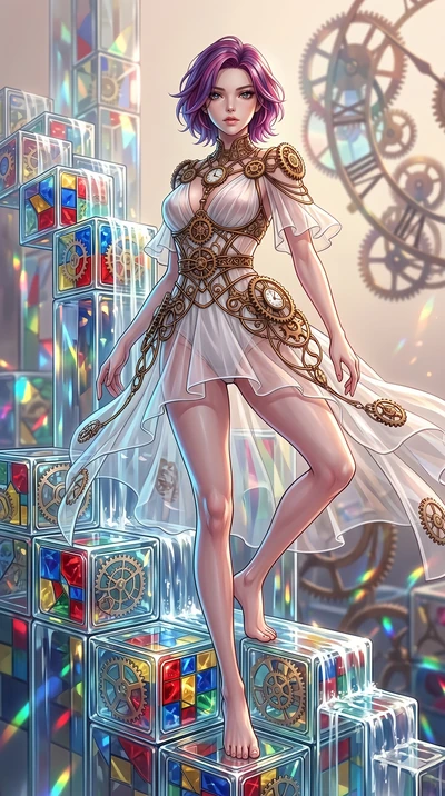 score_9, masterpiece, best quality, ultra-detailed, high-budget anime keyframe, Korean woman. upper body close-up from the thighs up, character filling the screen for maximum presence. balancing on cubist glass blocks that cascade like a waterfall, r