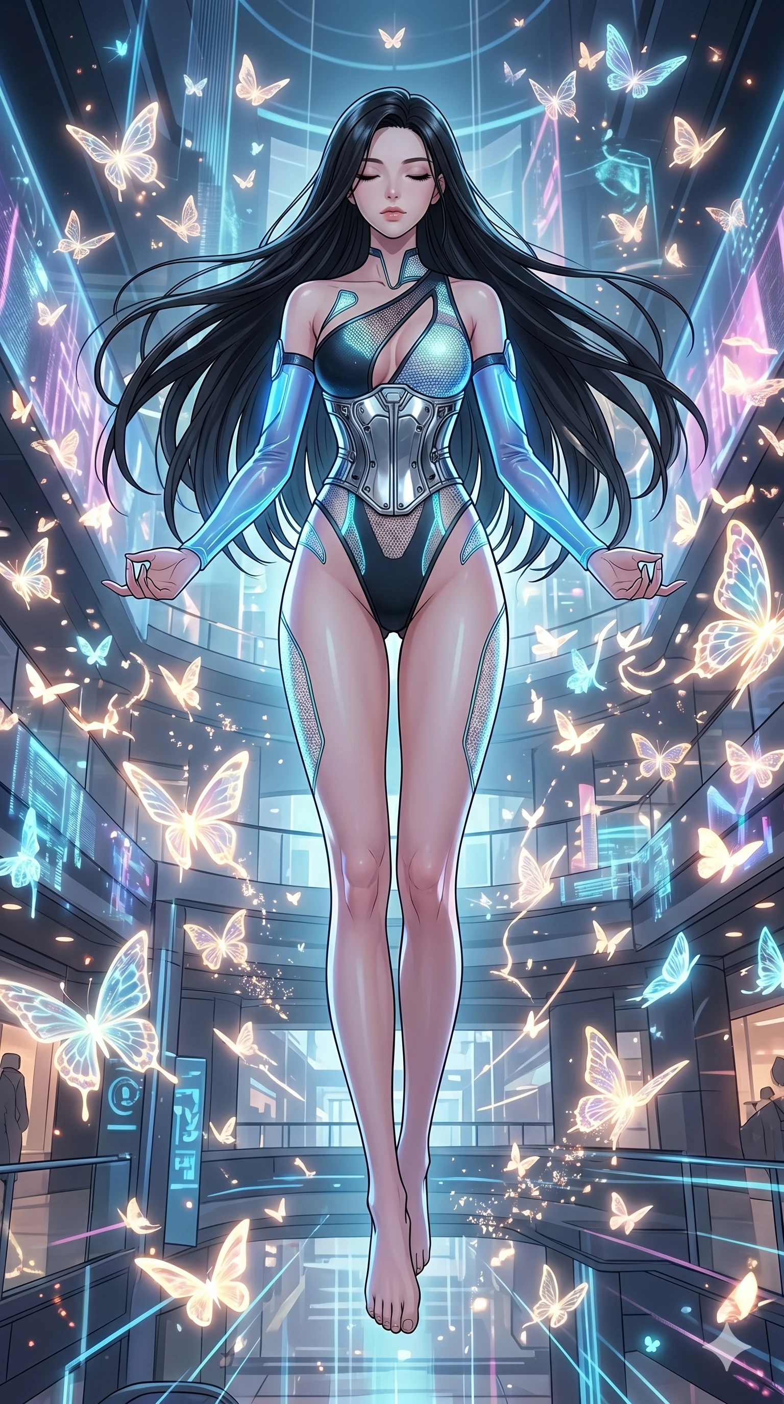 score_9, masterpiece, best quality, ultra-detailed, high-budget anime movie keyframe, cinematic anime lighting, intricate line art, Korean anime girl. Dynamic full-body shot stretching the vertical silhouette across the 9:16 frame. meditating peacefully in a holographic shopping mall surrounded by glowing butterflies. She has an absolutely perfect 8-heads proportion, an exceptionally tall and slender female figure with an ultra-slim waist and impossibly long slender legs. sharp v-shaped jawline, high-bridge nose, intricate jewel-like eyes, thick eyelashes, glossy lips. Wearing asymmetrical high-cut tech-bodysuit with detached glowing sleeves, chrome-plated mechanical corset, and bioluminescent mesh panels clinging to her slender figure. The scene is illuminated by dramatic atmospheric lighting and vibrant color palettes. 2k, ultra detail, master piece, 9:16 ratio