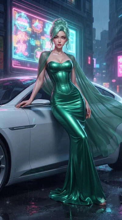 score_9, masterpiece, best quality, ultra-detailed, High-budget Anime Keyframe, editorial fashion photography, tasteful artistic composition, realistic cosplay photography, East Asian woman. Dynamic full-body shot stretching the vertical silhouette t
